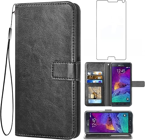 Asuwish Compatible con Samsung Galaxy Note 4 - Funda tipo cartera de vidrio templado con protector de pantalla y tapa de cuero, tarjetero para