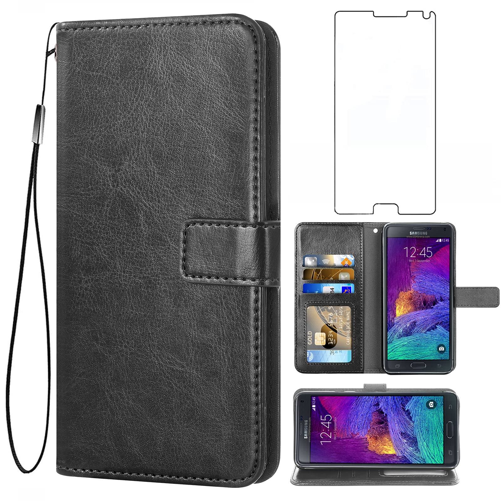 Asuwish Compatible with Samsung Galaxy Note 4 Wallet Case Tempered Glass Screen Protector and Leather Flip Cover Card Holder Phone Cases for Glaxay Note4 Gaxaly N910A Not Notes Four Women Men Black