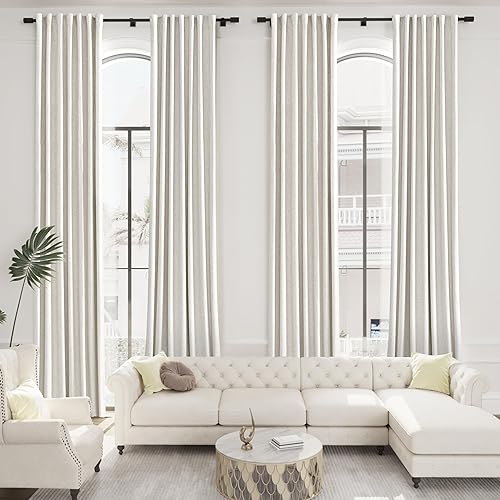 Miniatura 6 de Joywell Cortinas 100% opacas de lino crema de 134 pulgadas de largo, bolsillo para barrapestaña trasera, cinturón de ganchoanillos de clip, cortinas