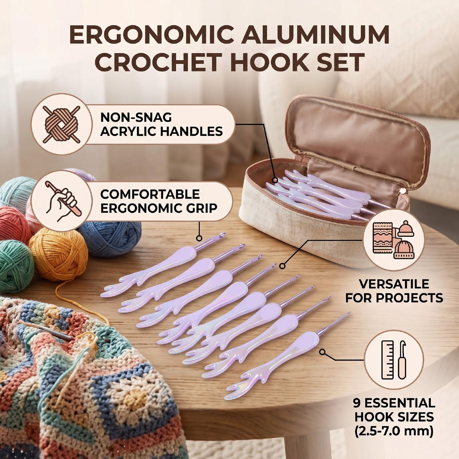 banapoy Set di Uncinetti, 9 Pezzi 2,5-7,0 Mm Punte Scorrevoli Lisce Uncinetti Ergonomici Leggeri, in Alluminio Portatili con, per Principianti Filati per Maglieria Fai-da-te