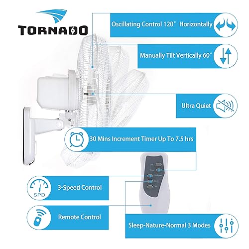 Miniatura 7 de Tornado Paquete de 2 ventiladores oscilantes de montaje en pared de 16 pulgadas, control remoto incluido 3 velocidades 2650 CFM 6 pies y 16 pulgadas