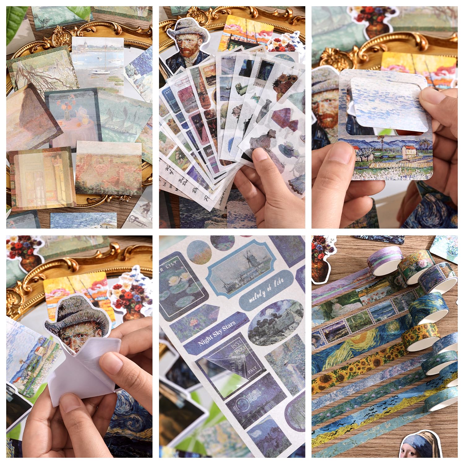 Kit di forniture per scrapbooking, Monet Van Gogh, kit per album di ritagli a tema pittura a olio per bullet junk, 12 rotoli di nastro Washi, fogli adesivi per forniture di diario fai da te, regalo