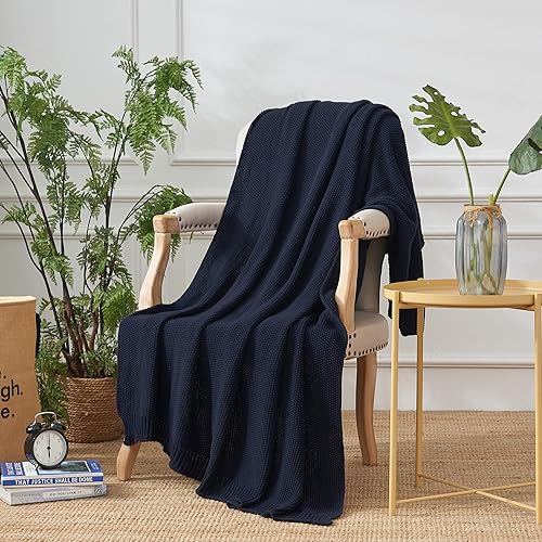 Miniatura 6 de Longhui bedding Manta de punto trenzado de algodón azul marino oscuro para sofá, cama, manta ligera decorativa para el hogar, bolsa de lavado