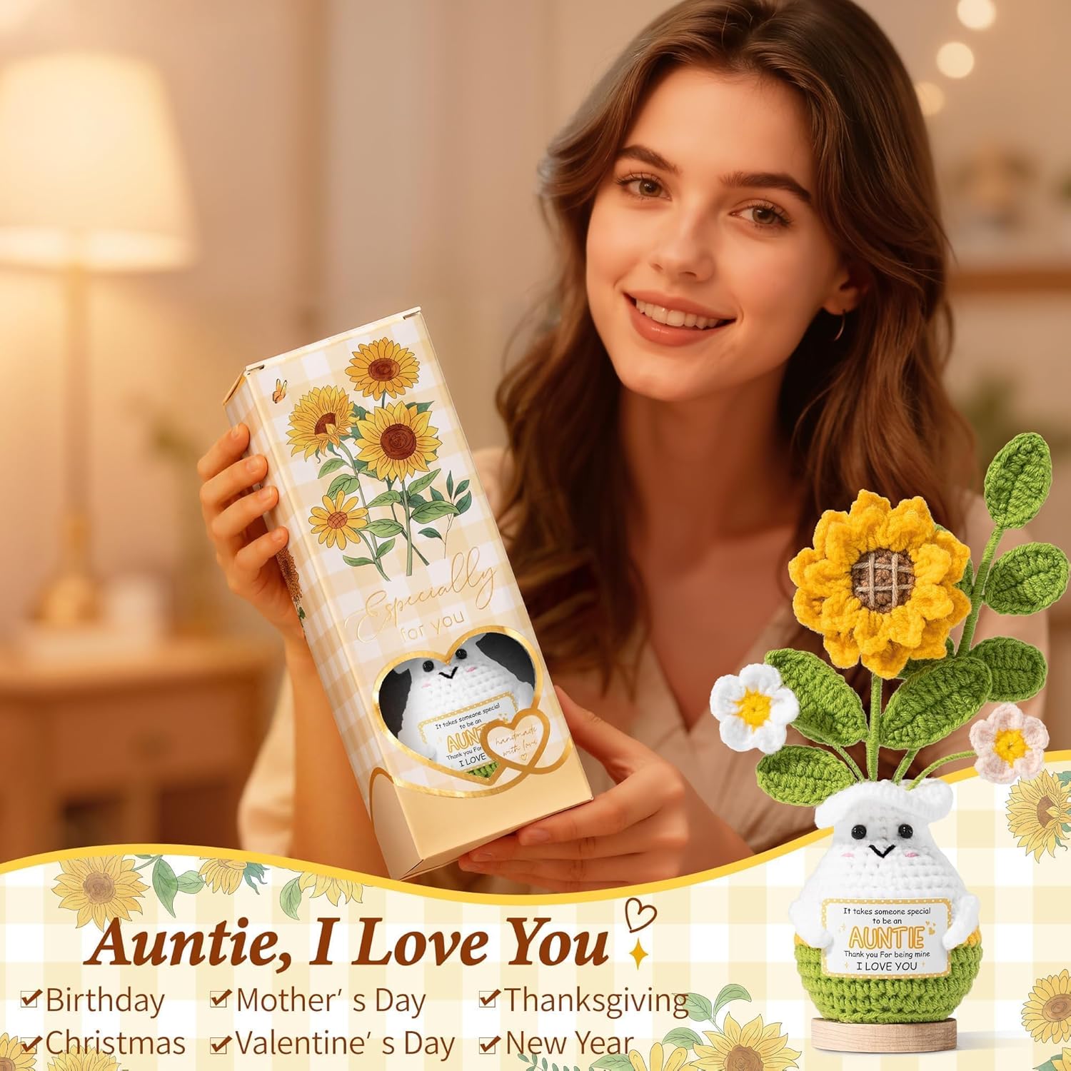 Valentines Aunt Gifts from Niece Nephew, Best Aunt Birthday Gifts Ideas for Auntie, Best Auntie Valentines Birthday Gift for Aunts, Handmade Emotional Support Crochet Positive Crochet Sunflower Gift - Image 2