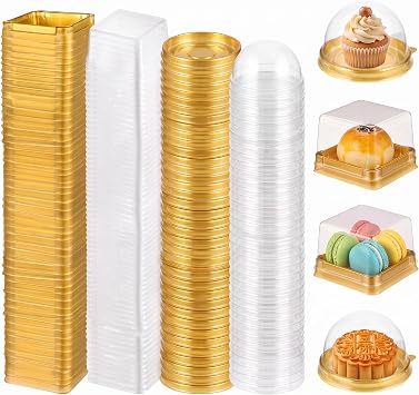 DOITOOL Clear Plastic Mini Cake Box 100 Pack Square Mini Cupcake Containers Mooncake Boxes Muffin Pod Dome Muffin Single Container for Wedding Birthday Supplies Golden