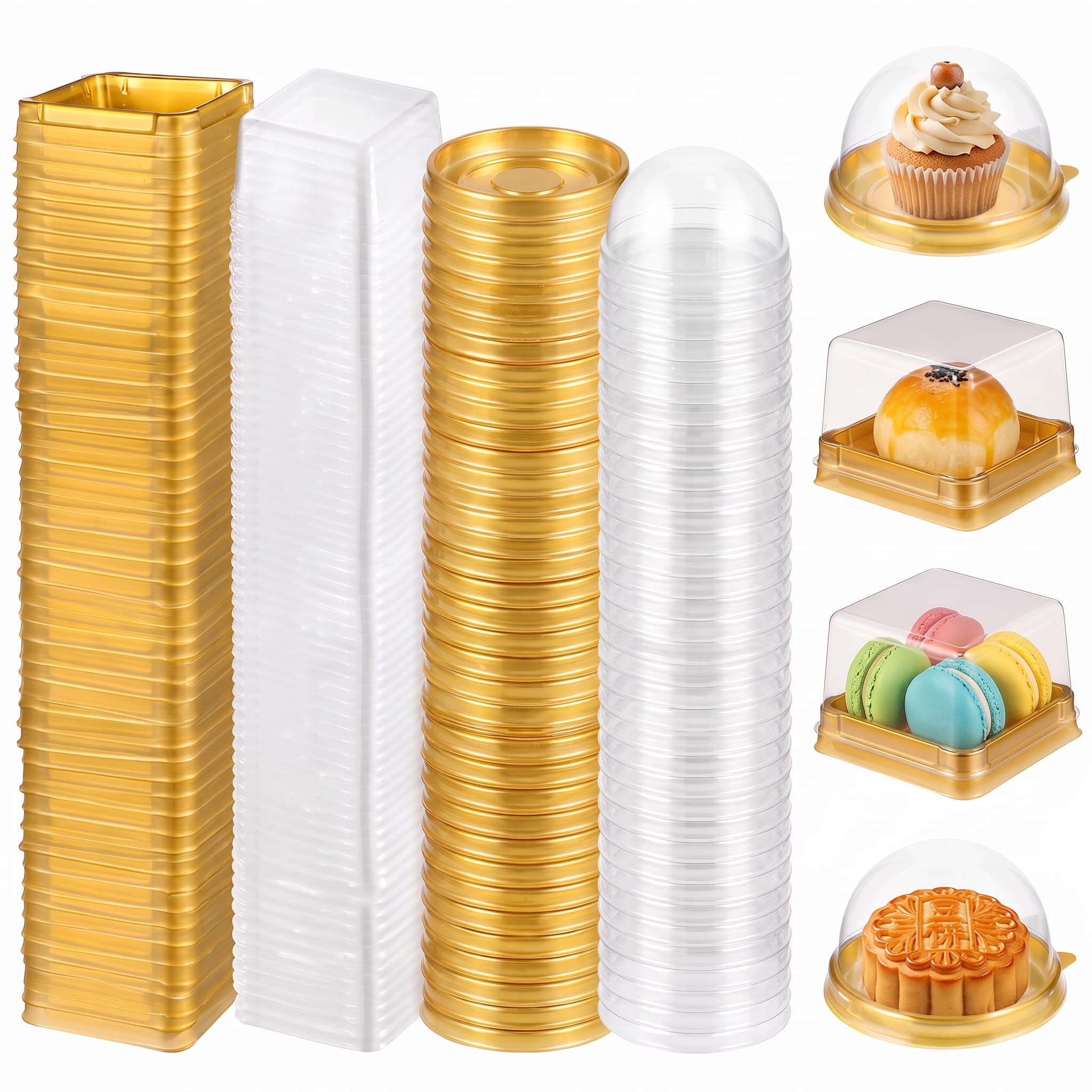 DOITOOL Transparente Mini-Kuchenbox aus Kunststoff, Muffinboxen, 100 Stück, quadratisch, Cupcake-Boxen, Muffin-Kapseln, Einzelbehälter, Box für Hochzeit, Geburtstag, Geschenke, Zubehör (Golden)