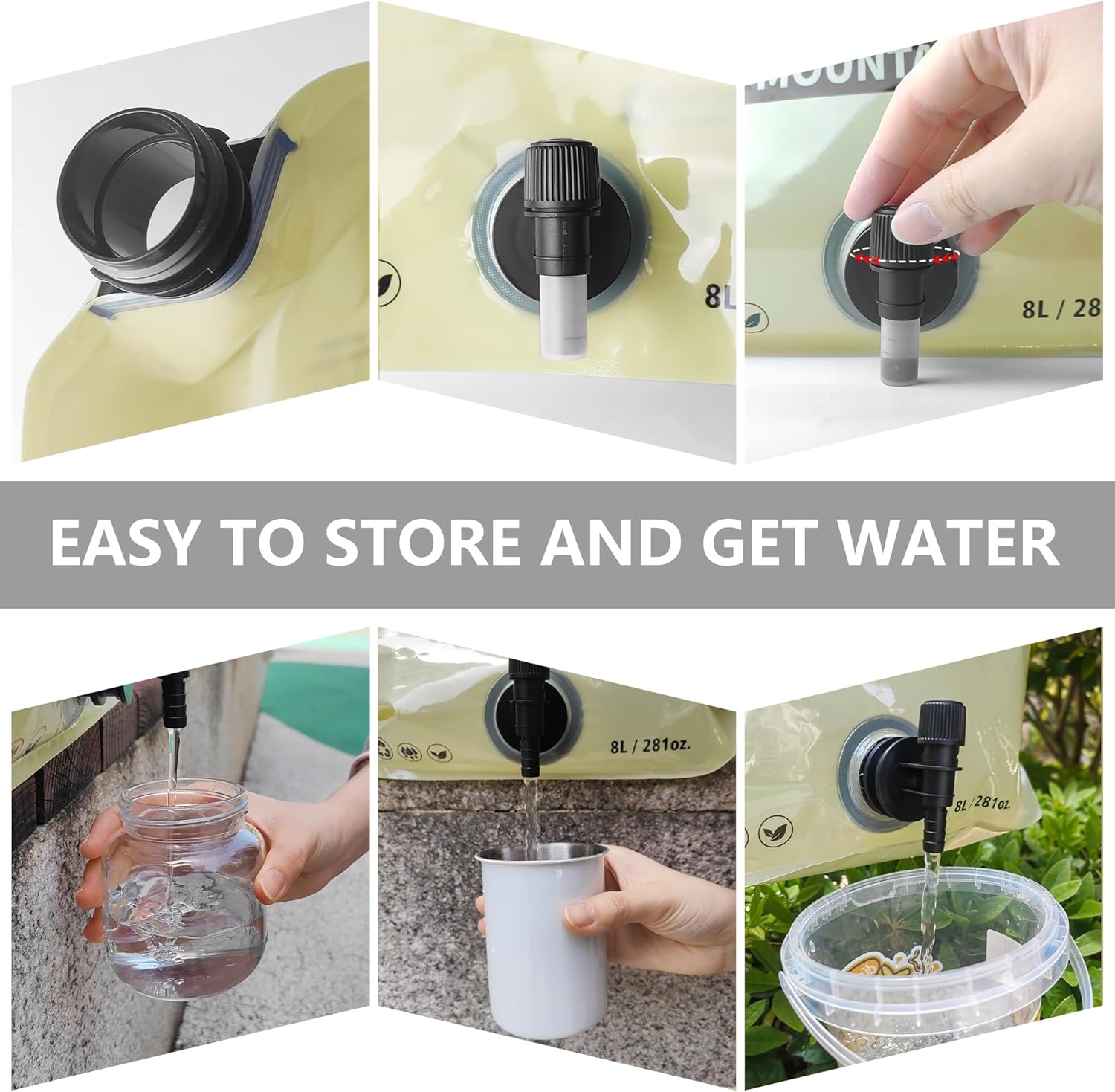 Collapsible 8L Water Storage Bag, BPA-Free Portable Folding Water Jug with Adjustable Faucet, Leakproof Emergency Water Bag for Camping, Hiking, Riding, Outdoor Sport (1, Beige) - Image 3