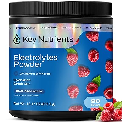 KEY NUTRIENTS Multivitamin Electrolytes Powder No Sugar - Sweet Blue Raspberry Electrolyte Powder - Endurance & Energy Supplement - Hydration Powder - No Calories - 90 Servings - Made in USA
