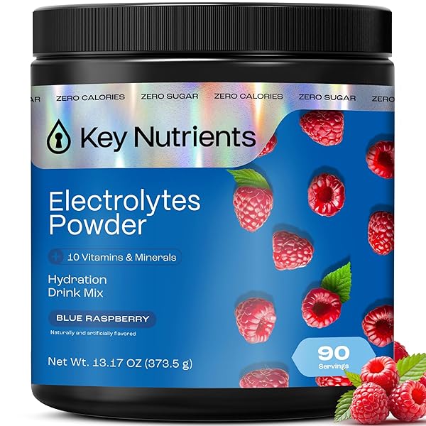 KEY NUTRIENTS Multivitamin Electrolytes Powder No Sugar - Sweet Blue Raspberry Electrolyte Powder - Endurance & Energy Supplement - Hydration Powder - No Calories - 90 Servings - Made in USA