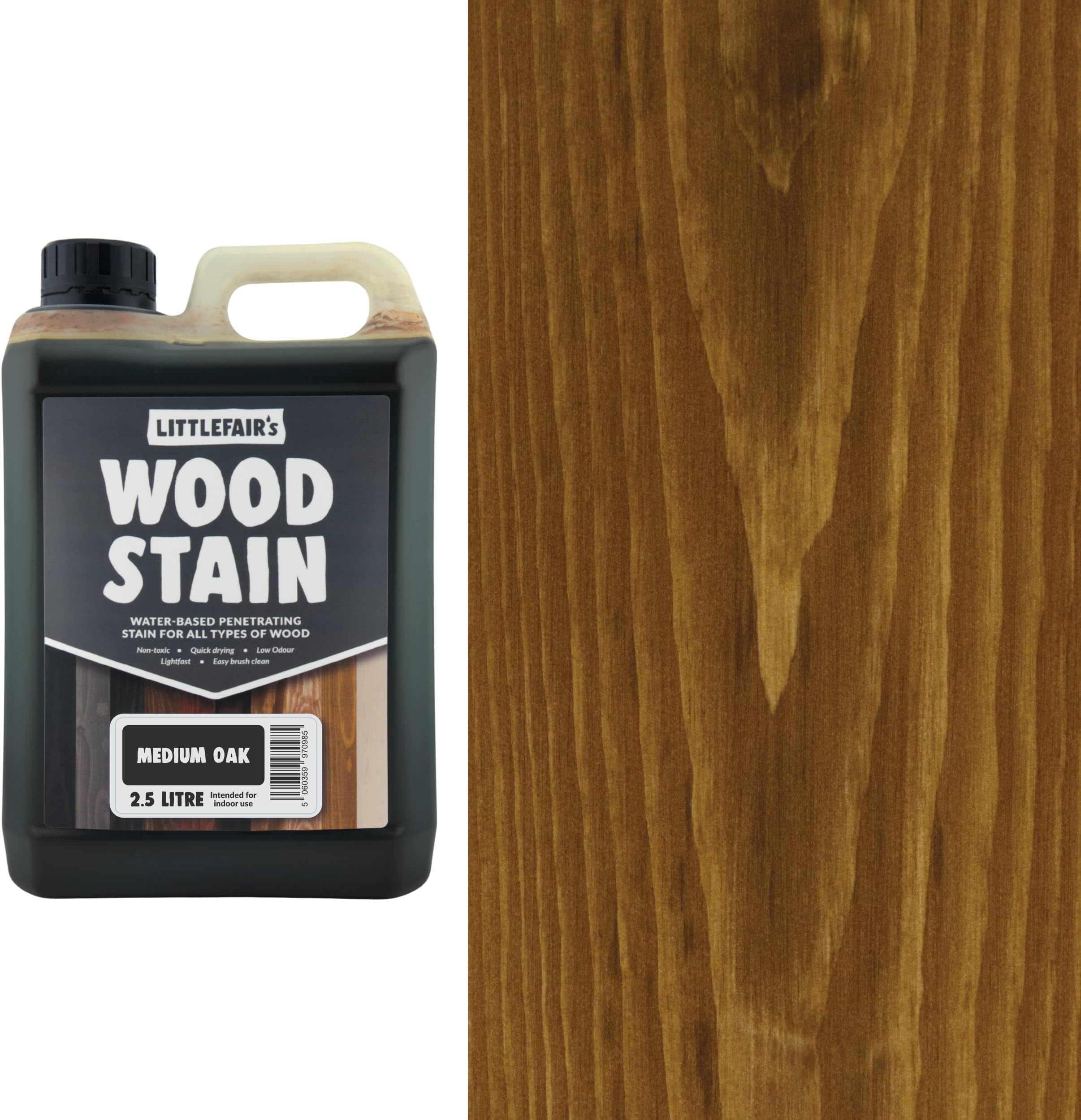 Littlefair's Water Based Wood Stain - (Medium Oak) - Non-Toxic, Environmentally Friendly and Quick Drying - Easy to Apply Concentrated Formula for All Wood Types - 2.5 Litres