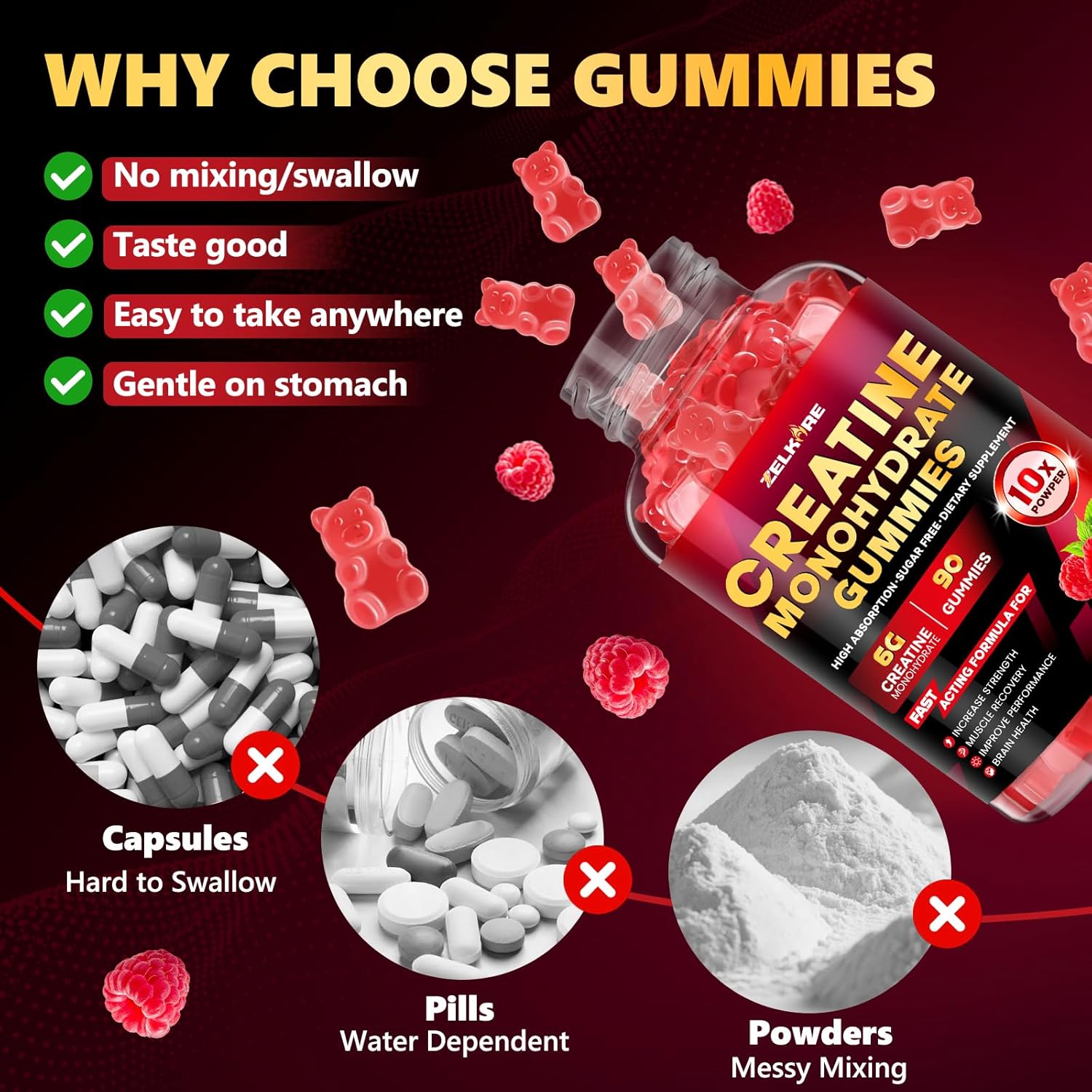 Creatine Monohydrate Gummies 6000mg for Men & Women, Sugar Free Creatine Gummy for Pre & Post Workout, High Absorption Supplement with BCAA, Support Boost Strength, Endurance & Muscle Recovery