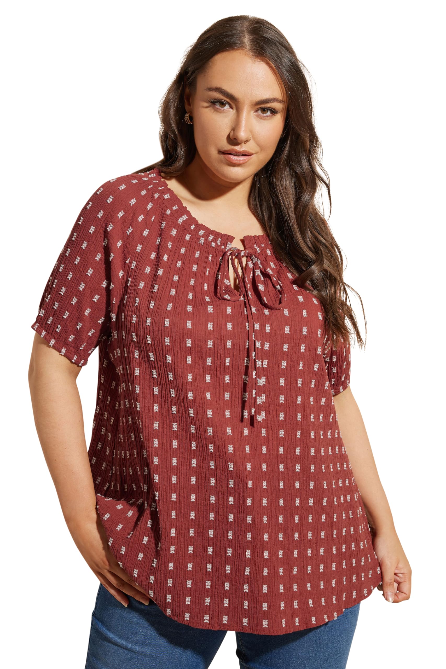 Yours Women's Orange Curve Rust Dobby Tie Neck Top - Plus Size Curve