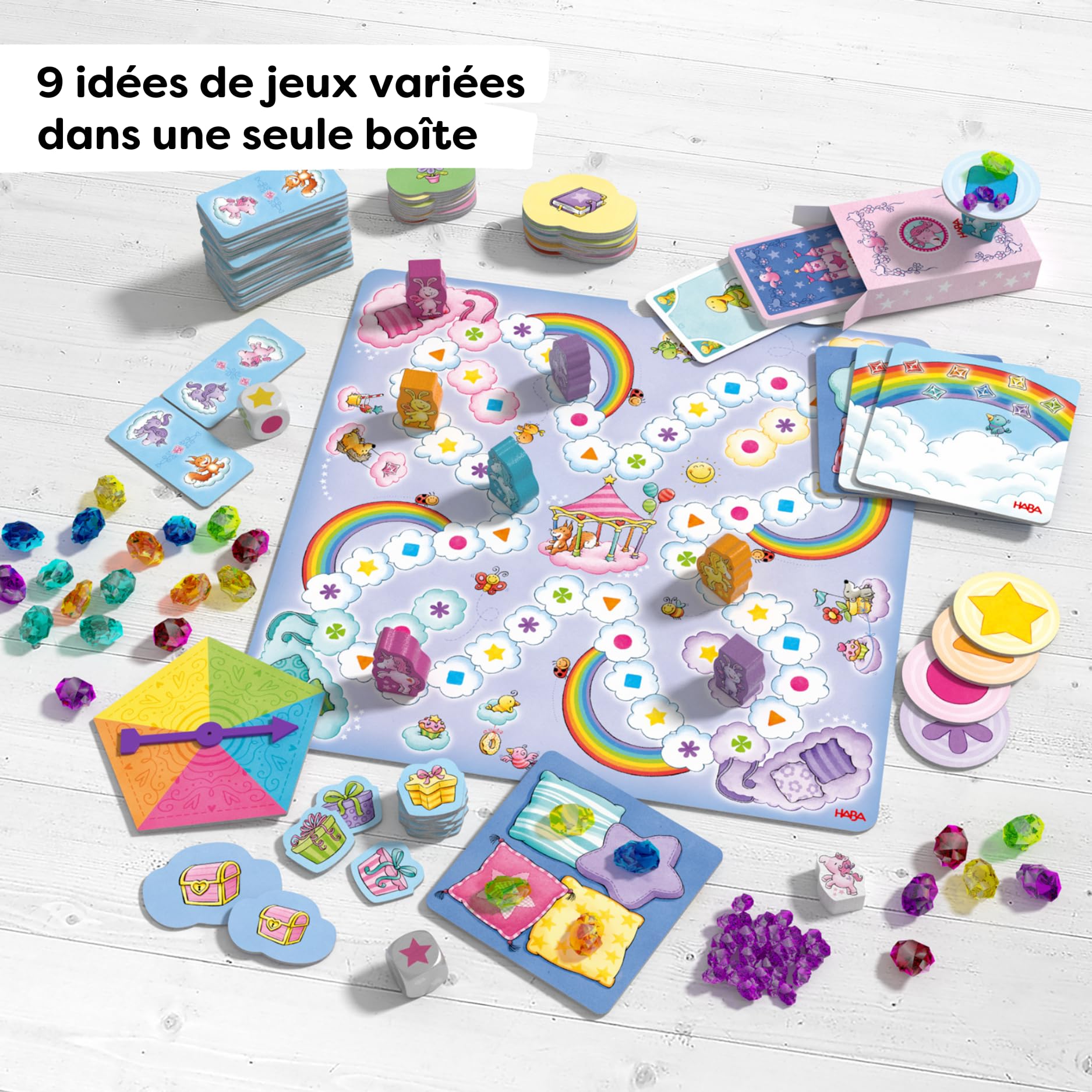 HABA Licornes dans Les Nuages – Collection de Jeux à partir de 3 Ans avec 9 Jeux de dés, de Cartes et de Plateau variés pour 2 à 4 Enfants, faciles à Expliquer – 2012231002