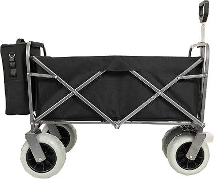 Folding Wagon, Beach Wagon, Utility, Heavy Duty 9 Inch All Terrain Wheels, 500 Lb Steel Frame, Cooler Bag, Straps, 3 Piece Liner and Cover Set, Black