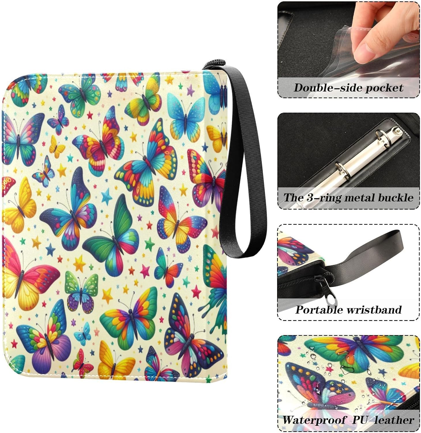 Colorful Butterflies Card Binder 4-Pocket, 400 Pockets PU Waterproof Zippered Collector Card Album with 50 Removable Sleeves for Trading, Game Cards