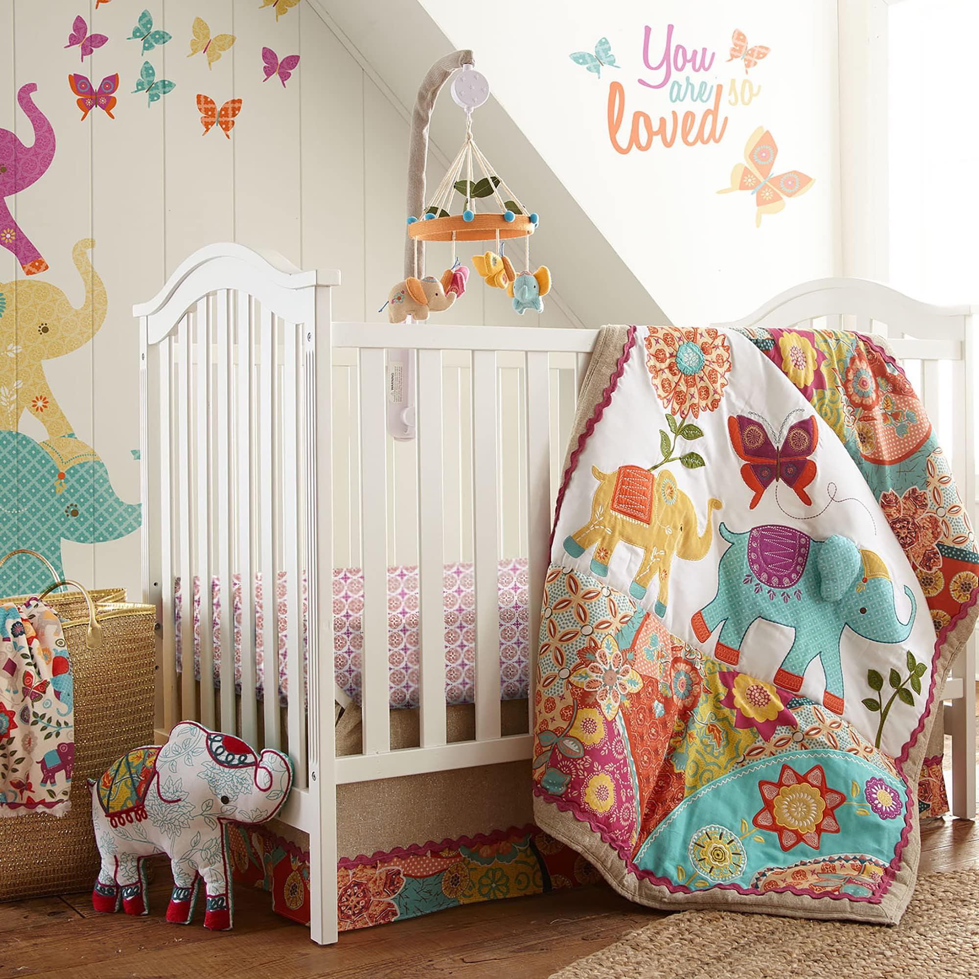 Levtex BabyZahara Crib Bed Set - Baby Nursery Set - Orange, Teal, Yellow, Red, Fuchsia - Boho Elephant - 5 Piece Set Includes Quilt, Fitted Sheet, Diaper Stacker, Wall Decal & Skirt/Dust Ruffle