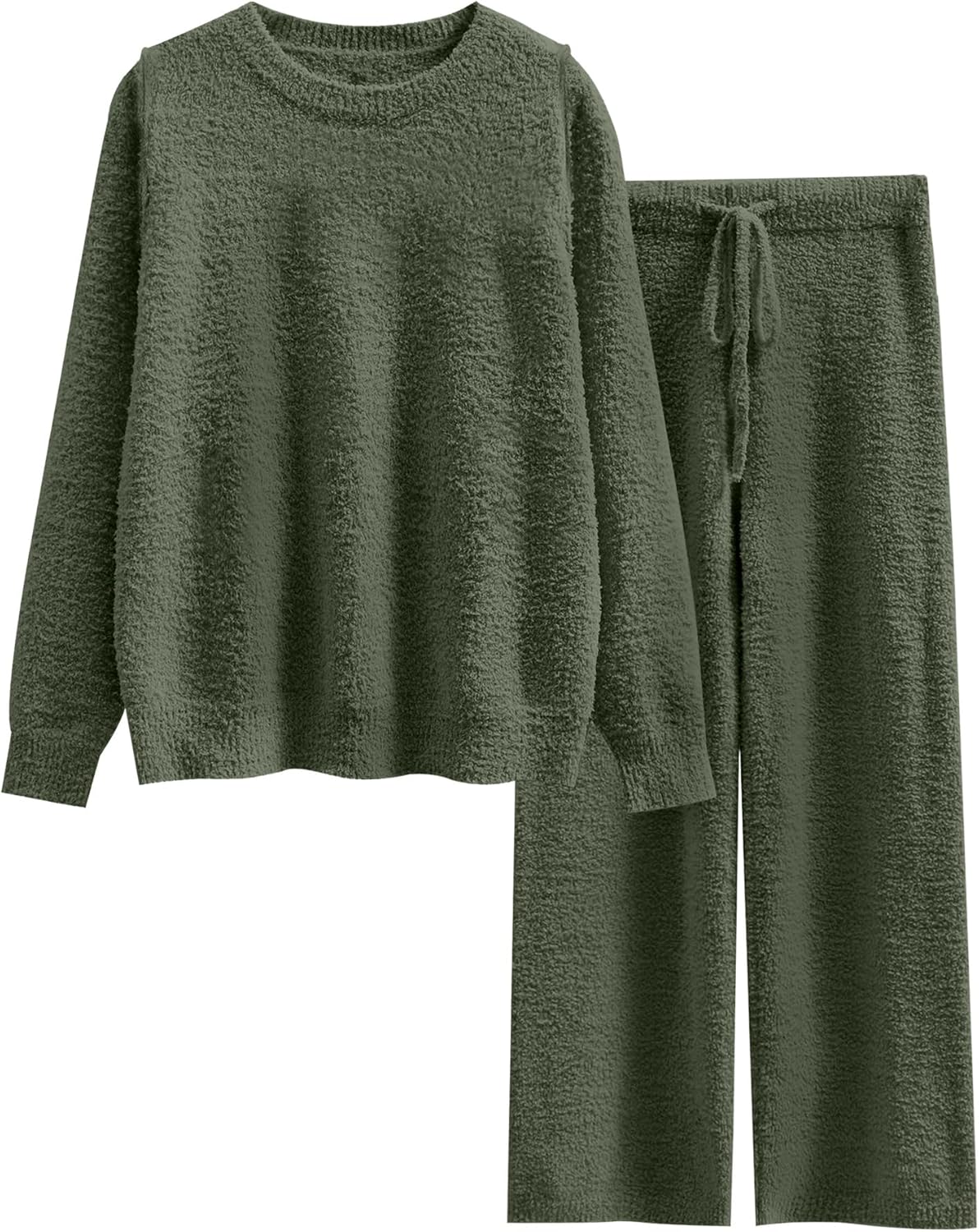 ANRABESS Women's Fuzzy Fleece Pajama Sets 2 Piece Outfits Long Sleeve Top Wide Leg Pants Lounge Matching Set 2025 Fall Winter