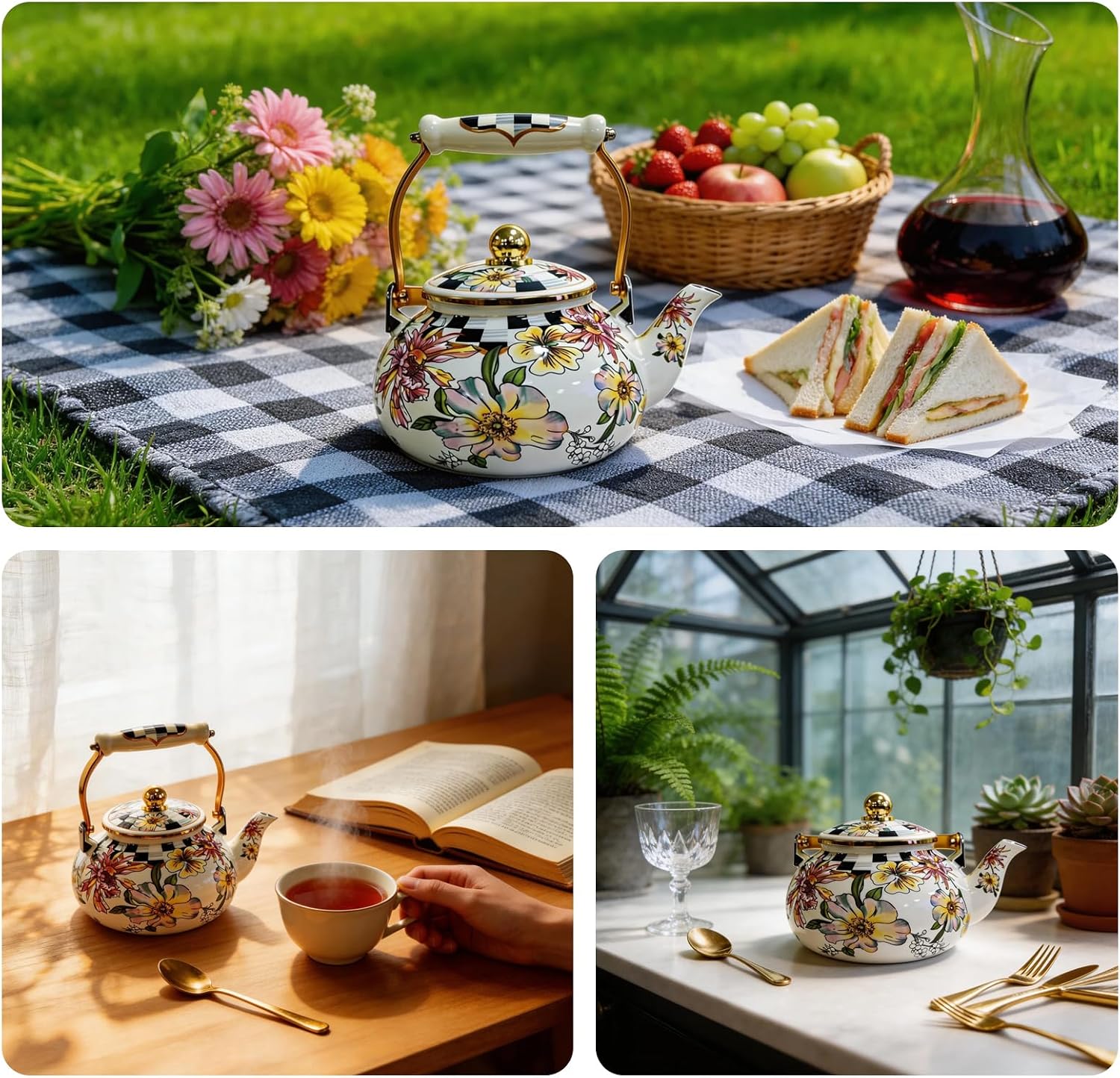 Teapot for Stovetop, Vintage Tea Kettle, Floral Tea Kettle - Enamel Coated Stovetop Safe Teapot with Checkered Handle & Gold Accents, Decorative Floral Pattern for Home & Kitchen, 2.5L Capacity