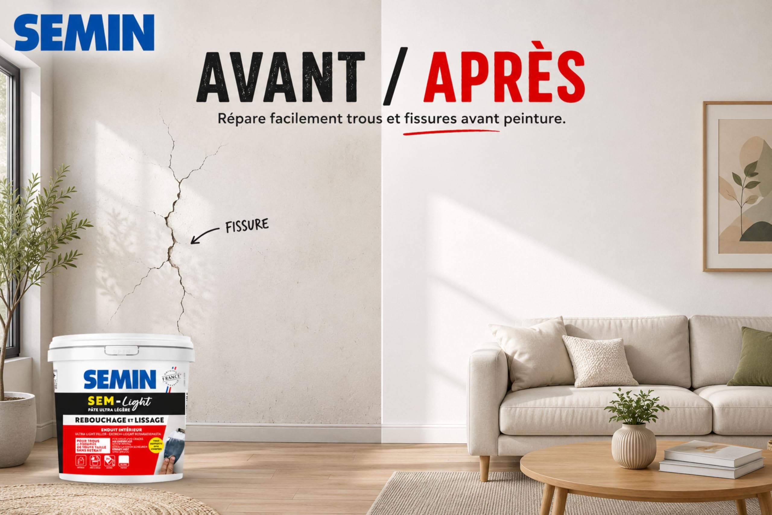 SEMIN SEM-LIGHT Enduit Léger de Rebouchage et Lissage –2 x 5 L – Sans Retrait, Séchage Rapide – Réparation Trous et Fissures – Intérieur Murs et Plafonds – Blanc Mat Prêt à l'Emploi