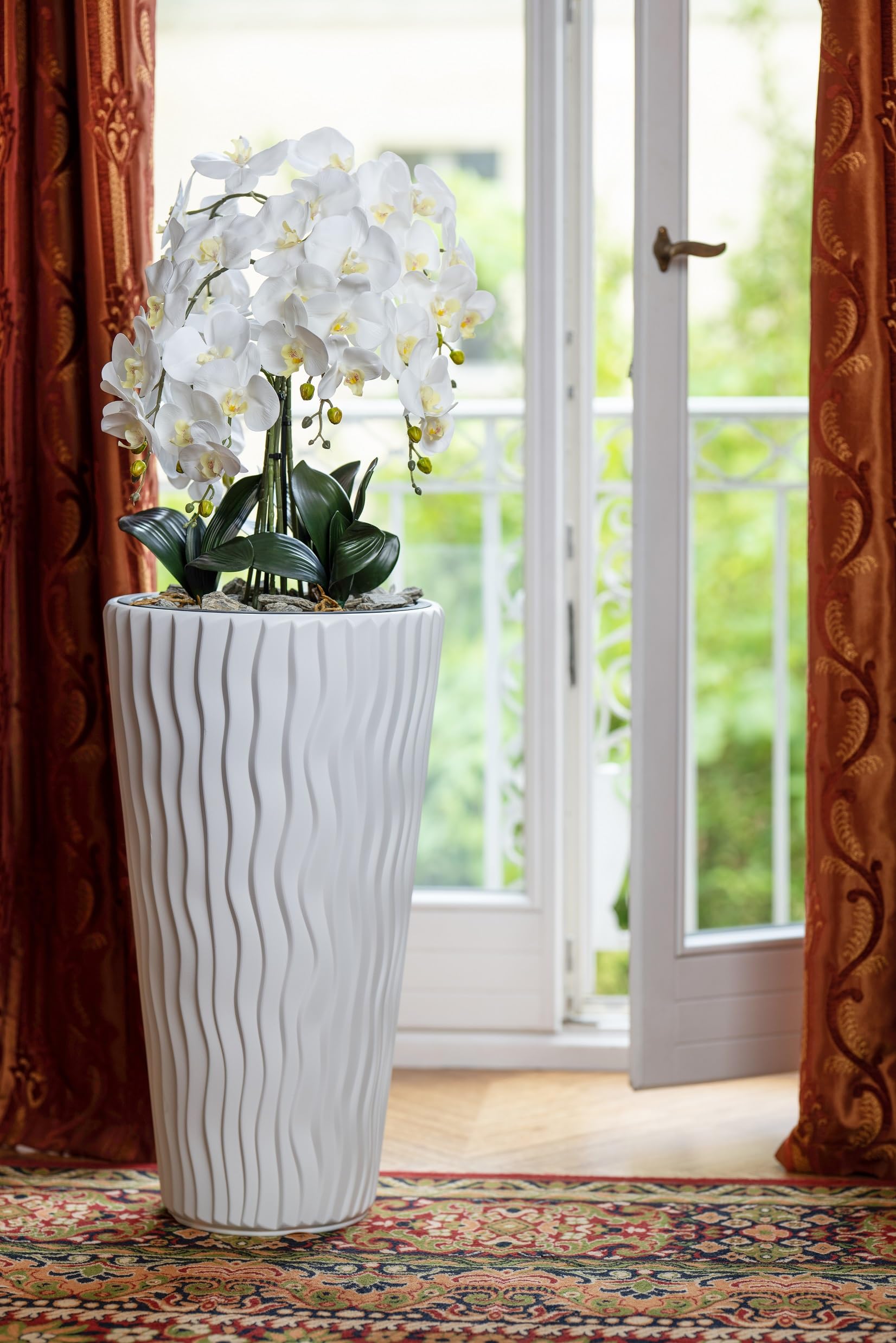 Kunstorchideen weiße Blüten Phalaenopsis Schmetterling mit Deko Elegant Hochtopf XXL groß 130cm hoch | Hochzeits-, Hoteldekoration für Wohnung Büro Praxis, wie Echt - für gemütliches Zuhause