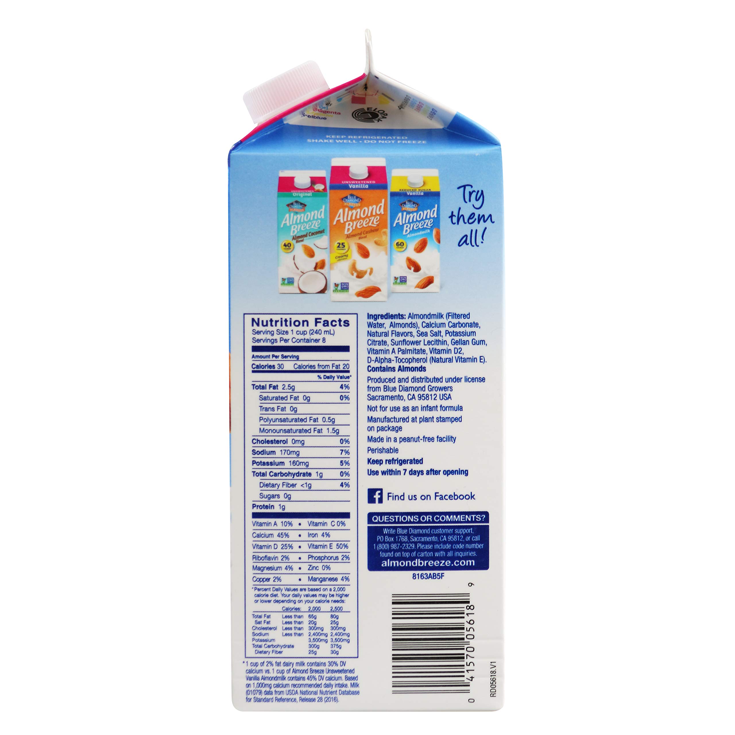 BLUE DIAMOND Unsweetened Vanilla Almondmilk, 0.5 GL