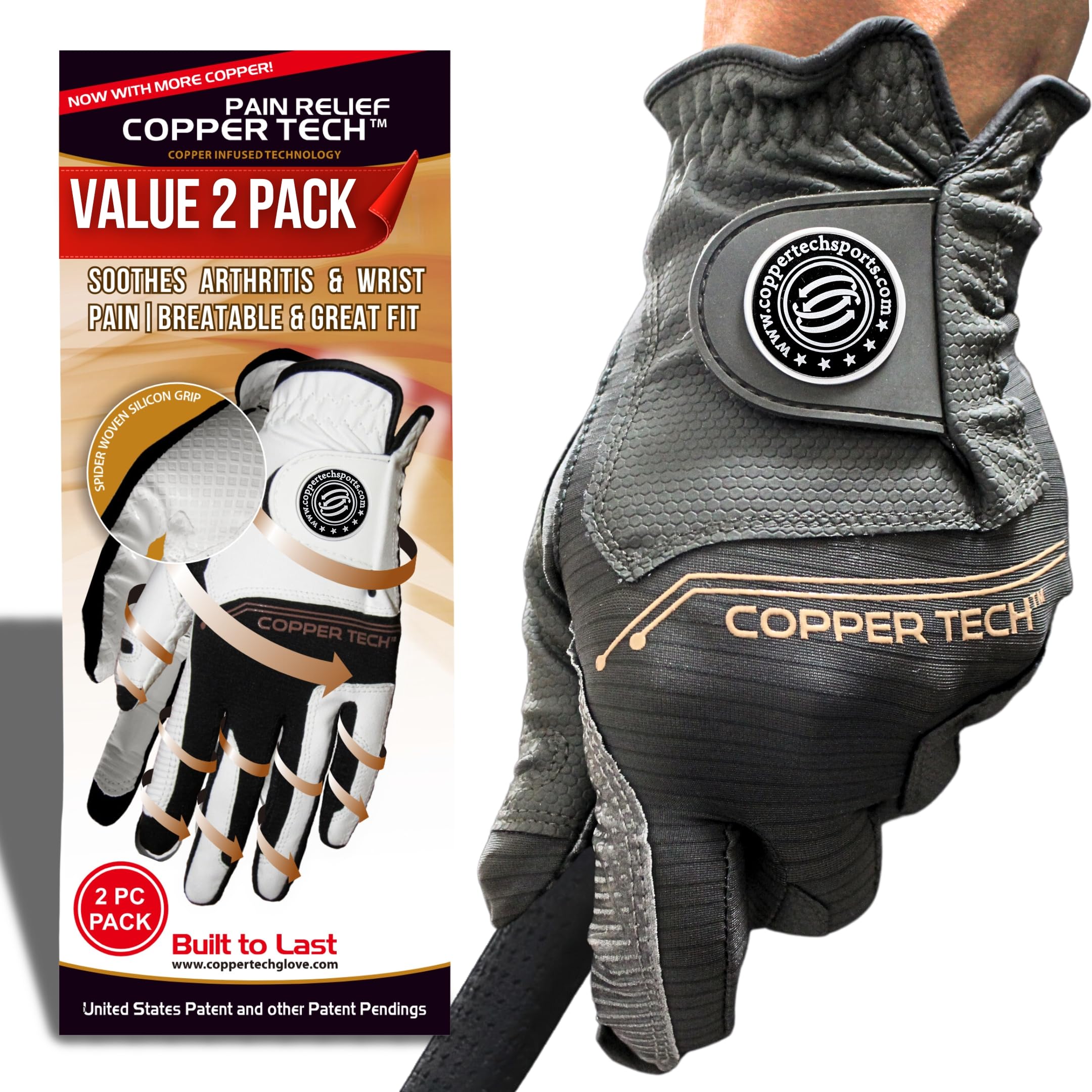 Copper Tech Men’s Golf Gloves (2 Packs) - Joint Support for Golfers with Copper Compression-Comfort & Joint- Friendly - Golf Gloves Men