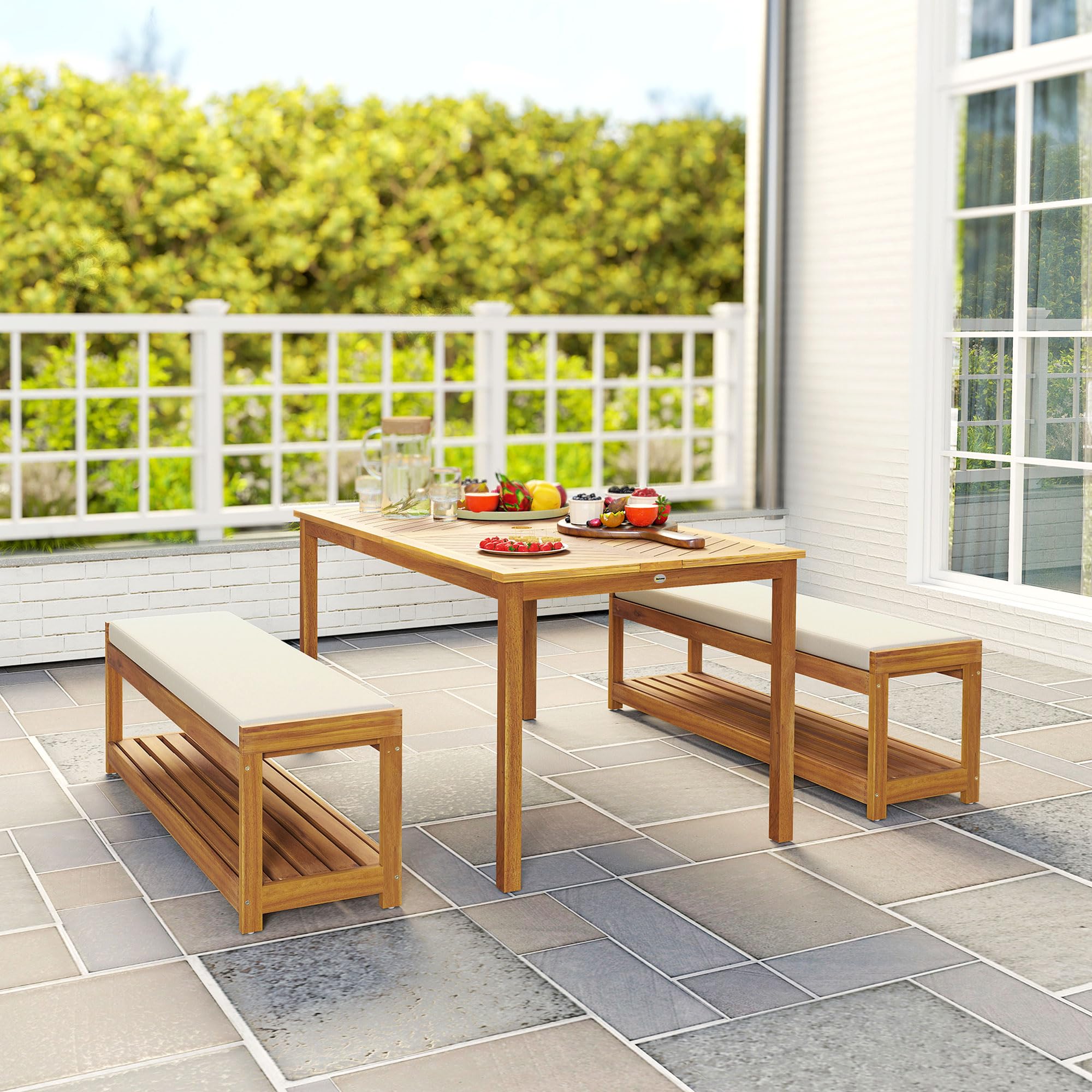 Outsunny 3 TLG. Gartenmöbel-Set Akazienholz Sitzgarnitur inkl. 1 Esstisch mit Schirmloch, 2 Bänke, Balkonmöbel-Set, Gartengarnitur für Balkon, Terrasse, Teak