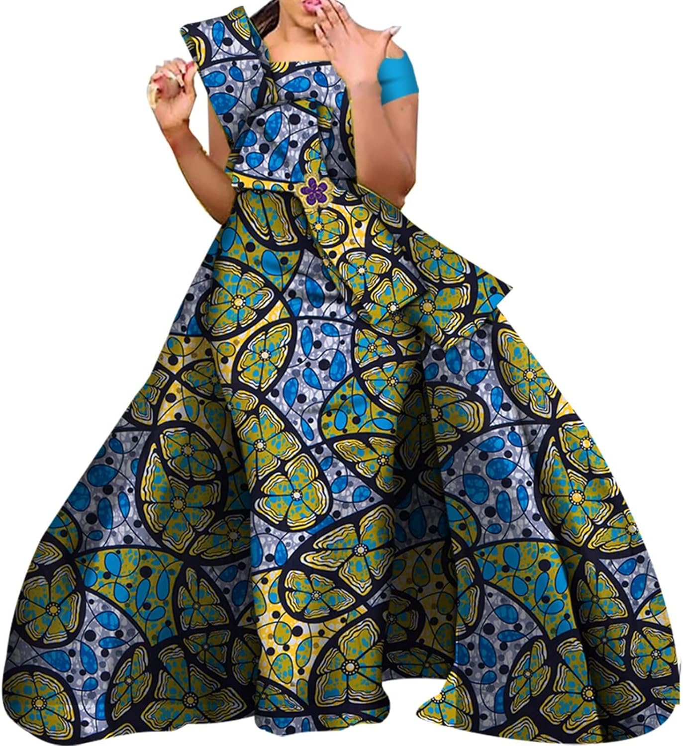 ABCWAX Women's African Kente Print One Shoulder Maxi Dress with Bow Detail Elegant Women's Gown