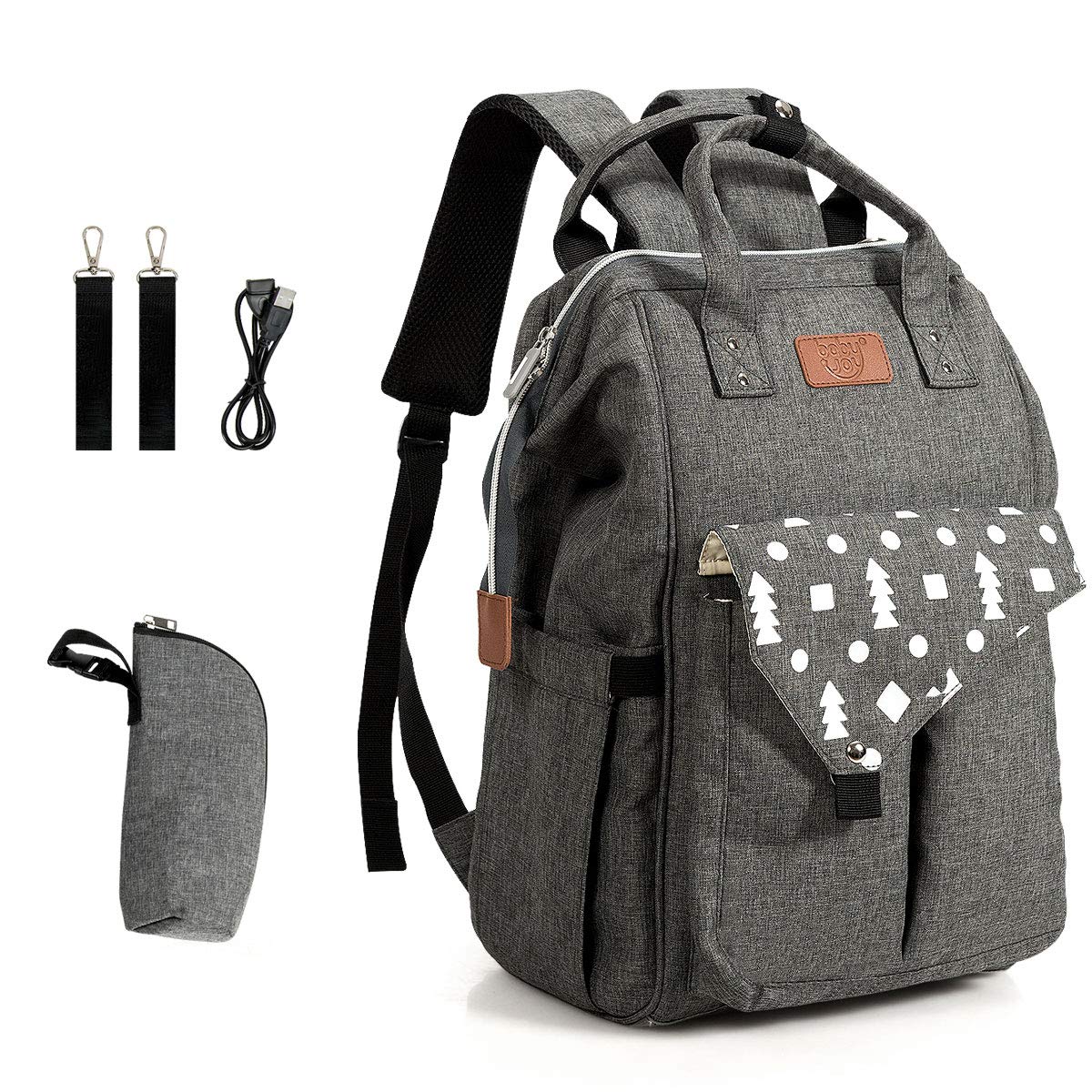 BABY JOY Diaper Bag Backpack, Waterproof Stylish Multifunction Large Capacity Travel Back Pack, Maternity Nappy Bag for Baby Care W/Stroller Straps, Changing Pad, Built-in USB Charging Port, Gray