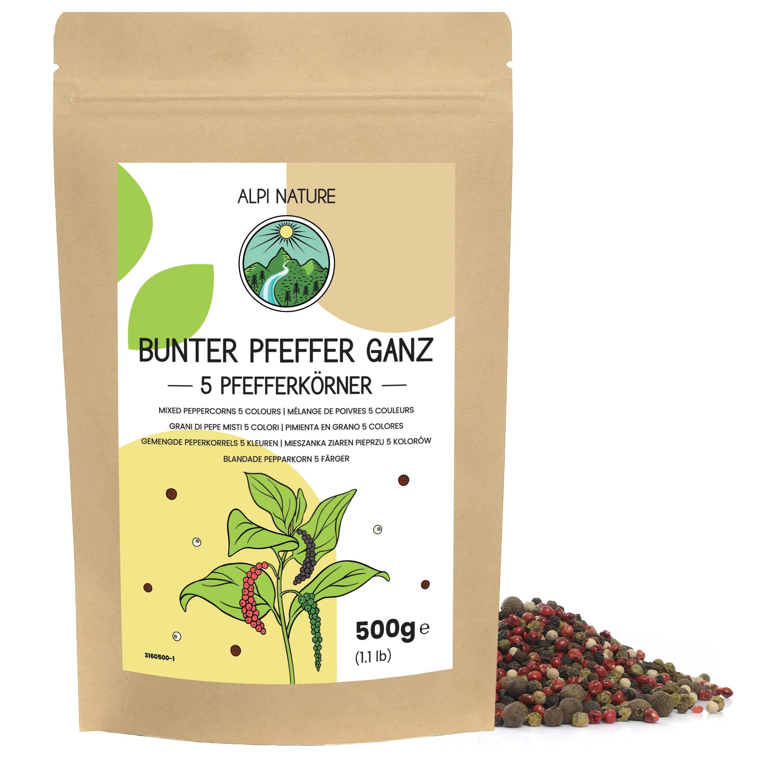 Alpi Nature Poivre 5 baies en grain 500g, Mélange d'Épices de 5 Couleurs, Poivre Noir, Blanc, Vert, Rose et Piment de la Jamaïque