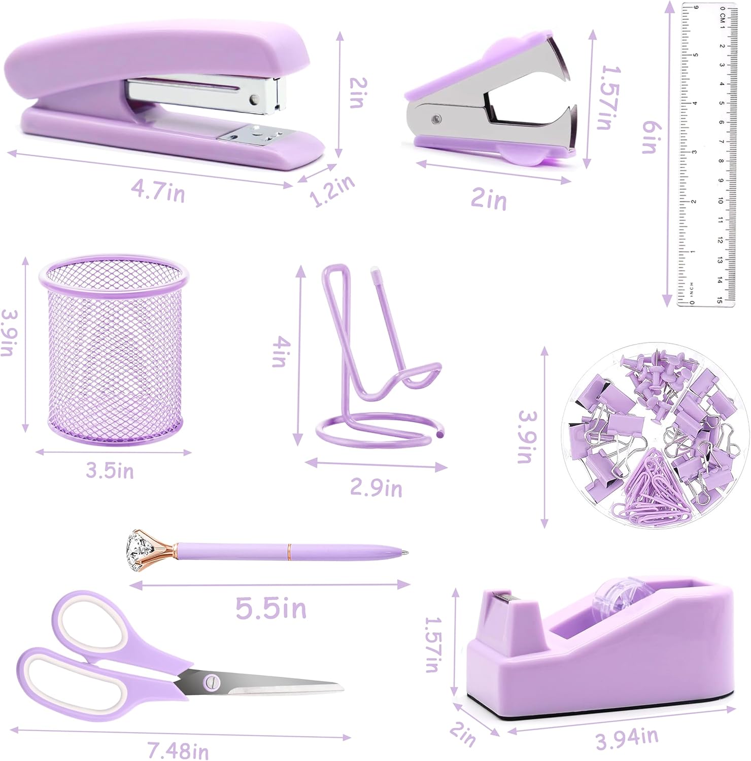 Purple Office Supplies, Purple Desk Accessories, Stapler, Staple Remover, Tape Holder, Pen Holder, Ballpoint Pen, Scissor, Binder Clips, 1000 Staples, Phone Holder, Ruler, Transparent Glue and Notes
