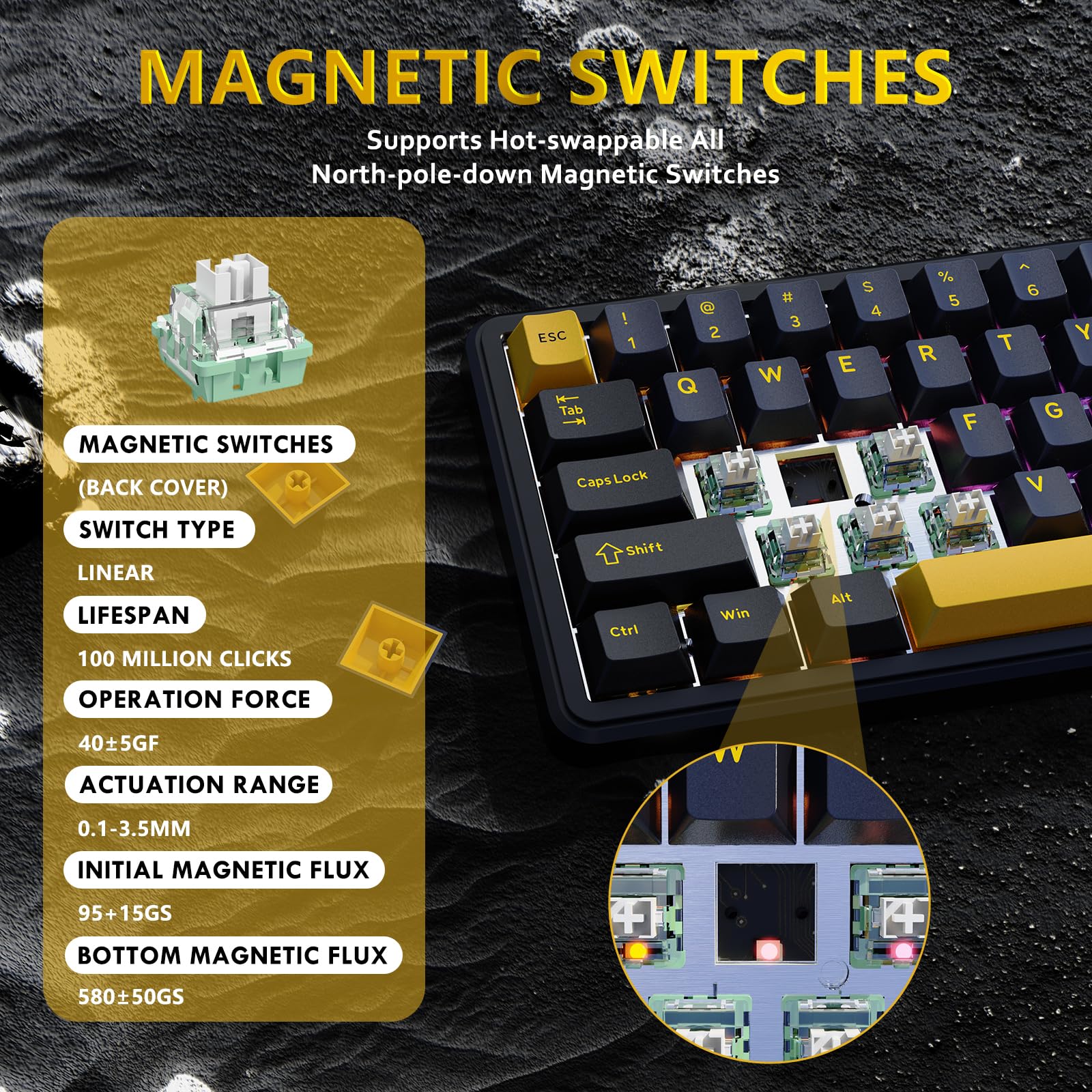 ATTACK SHARK X65 HE Teclado Gaming Interruptores Magnéticos Rapid Trigger, 65% Cableado, 8000 Hz Tasa de Sondeo, Precisión RT 0,01mm, Teclas PBT, Driver QMK, Diseño QWERTY ANSI, RGB (Negro estrellado)