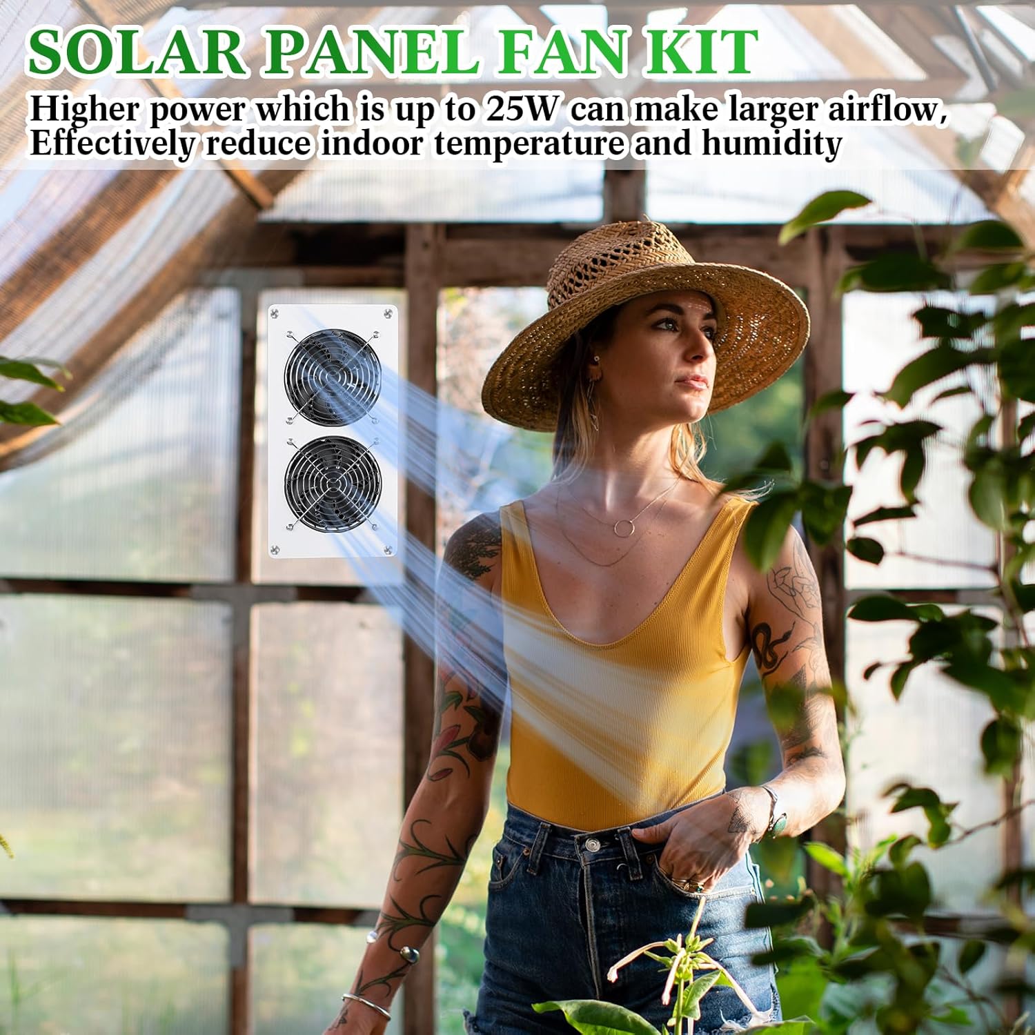 2 Sets Solar Panel Fan Kit 25W 12V Solar Fans for Outside Greenhouse USB Portable Waterproof Dual Fan with Metal Shell for Inside Chicken Coop, Shed, Pet House