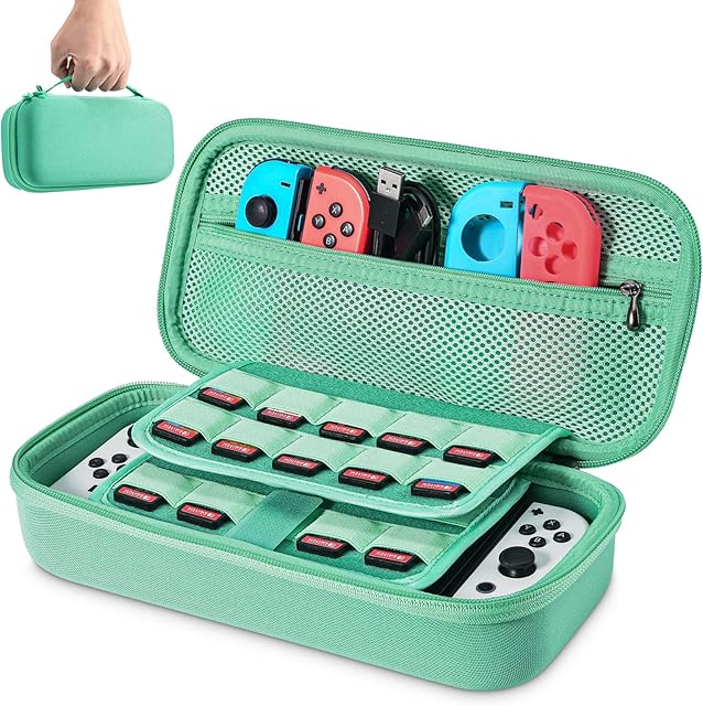 Pokrowiec na NS Switch/Switch OLED  Younik ulepszona wersja twarda torba podróżna etui z większym miejscem na 19 gier, oficjalny adapter prądu zmiennego i inne akcesoria NS Switch (zielony)
