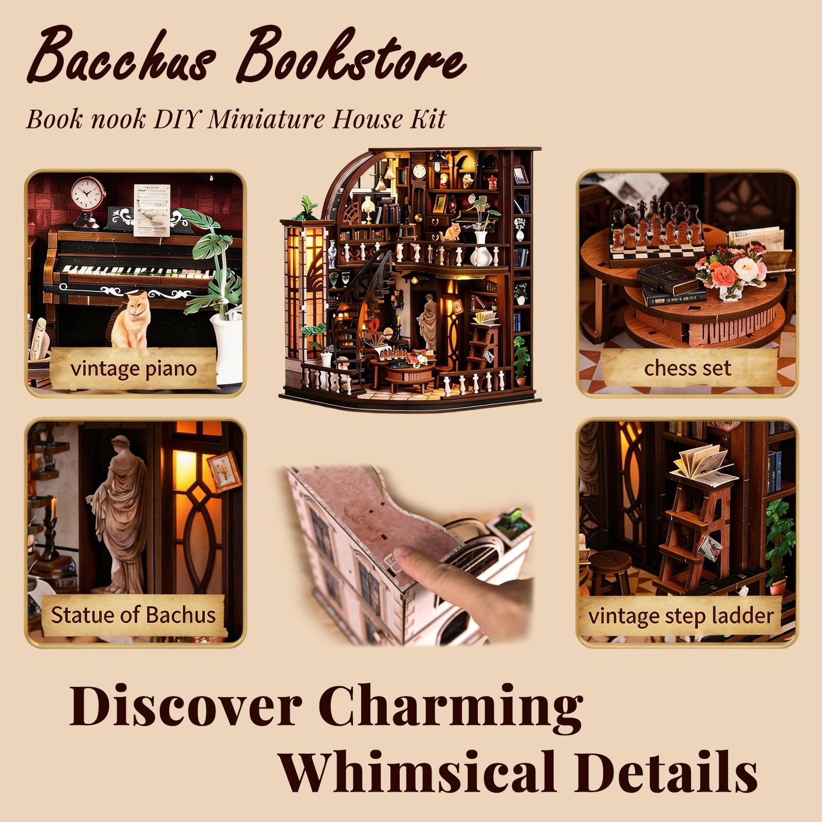 Book Nook Kit for Adults Booknook DIY Miniature House Kit Library Decor Fantasy 3D Puzzle (Bacchus Bookstore)