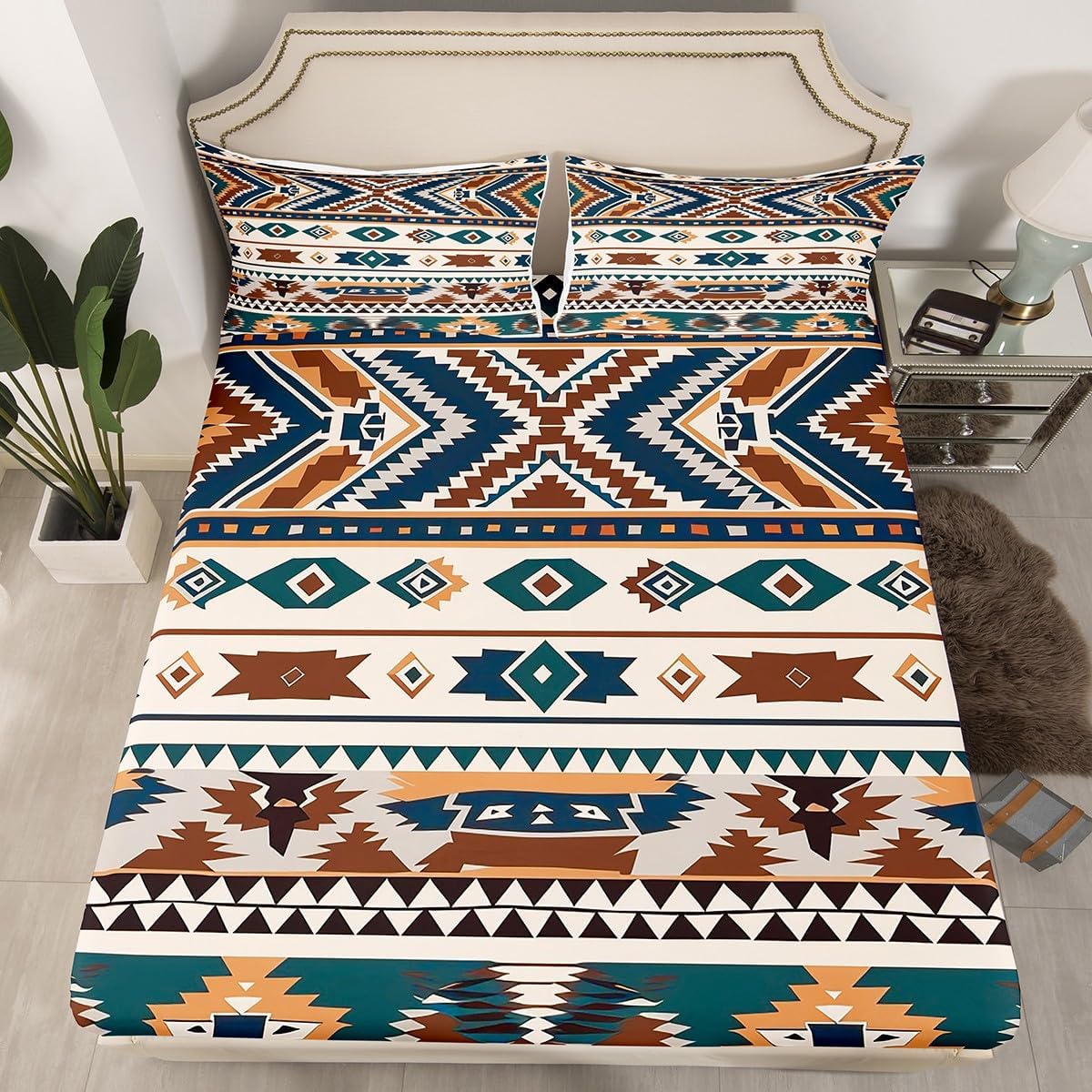 Feelyou Brown Southwestern Bed Sheets Set Queen Size Geometric Sheet Set Tribal Native American Indian Design Vinatge Sheets with Deep Pocket Decor Exotic Style Stripe Line Bedding Set