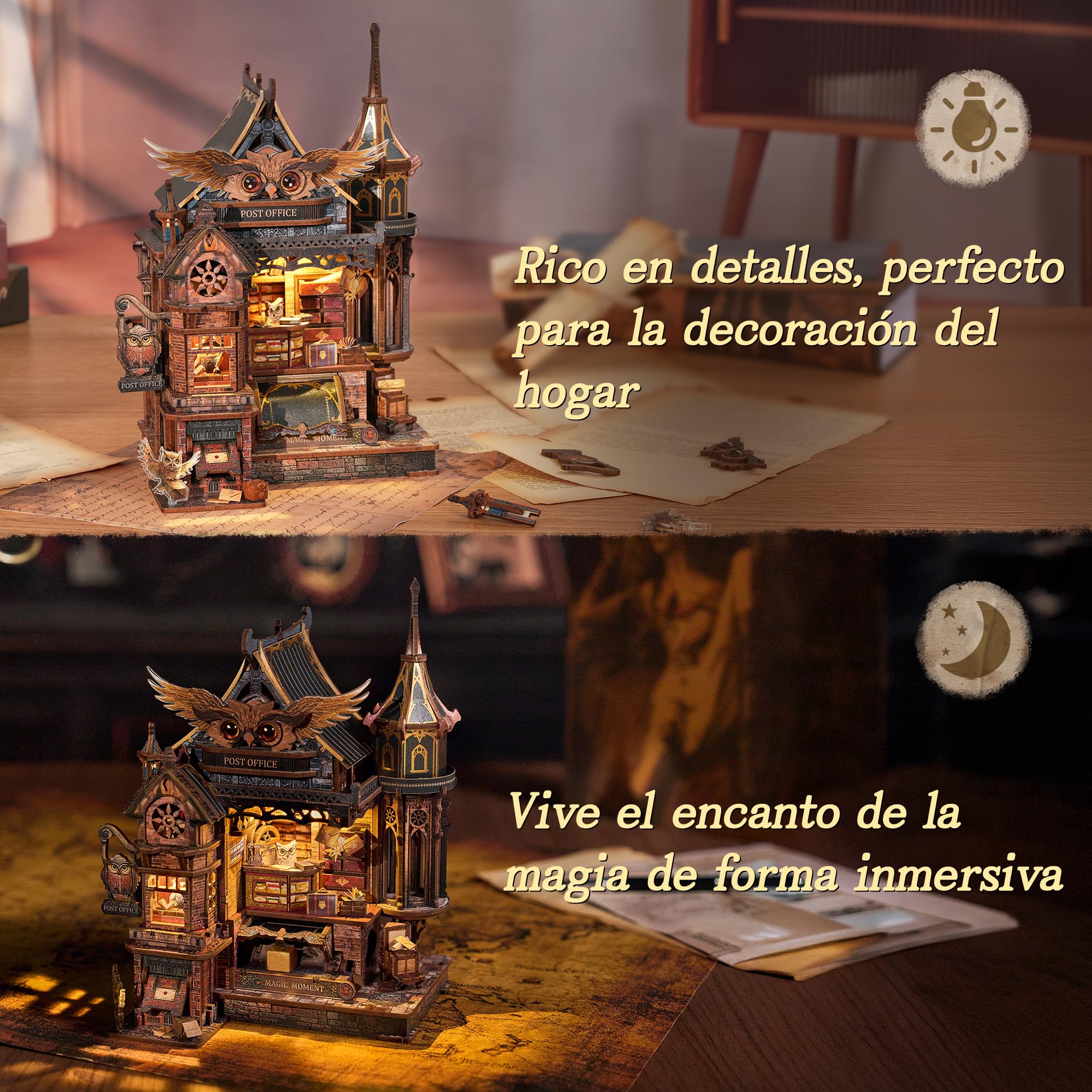 FUNPOLA Puzzle 3D de Madera con Luces LED Oficina Postal del Búho – Modelo dinámico con Engranajes mecánicos, Kit Miniatura DIY con música y Luces LED, Regalo Decorativo para Adultos y Adolescentes