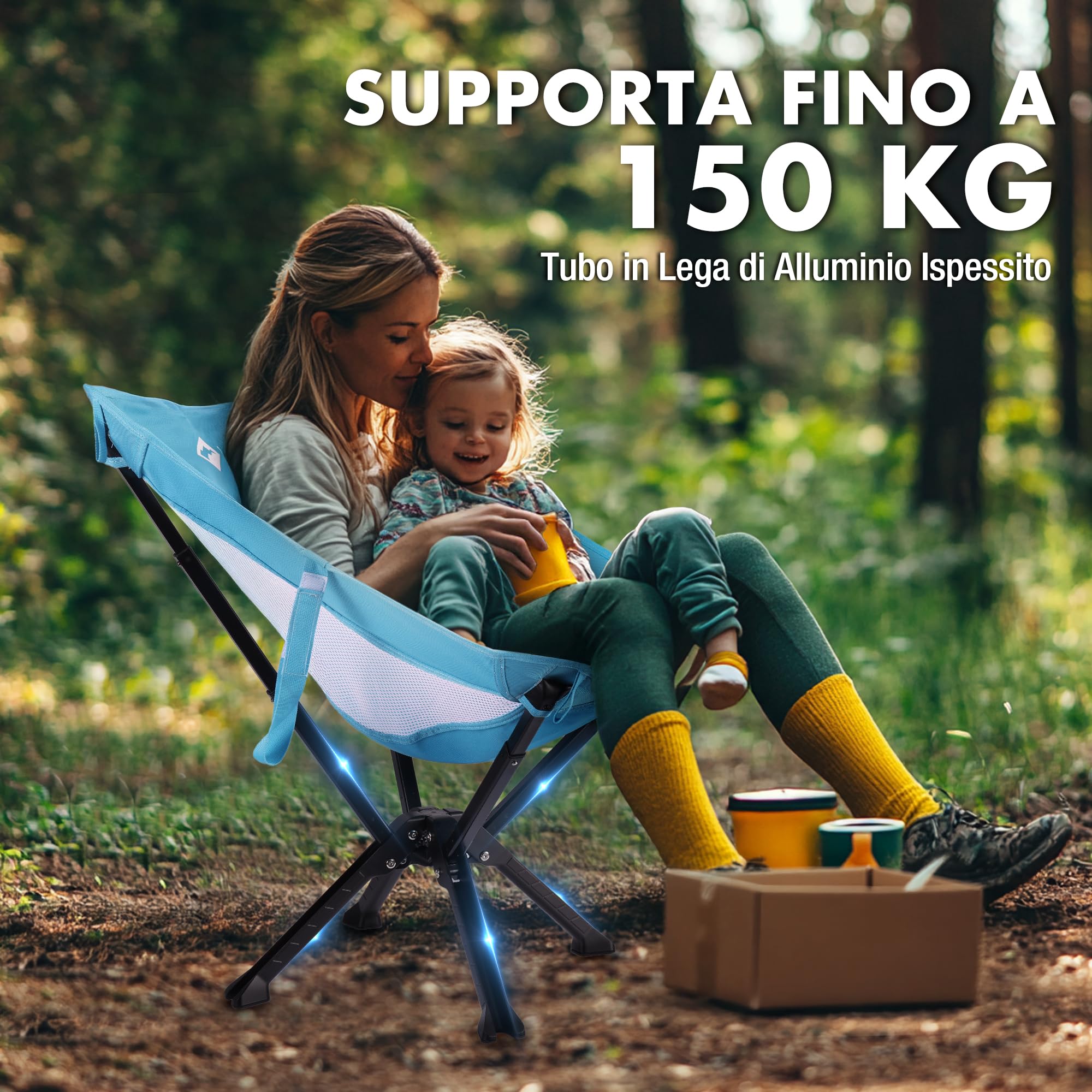 VILLEY Sedia da Campeggio Pieghevole Leggera e Portatile Blu, 150 kg di Capacità, con Borsa per il Trasporto – per Campeggio, Viaggi, Picnic, Festival, Escursionismo