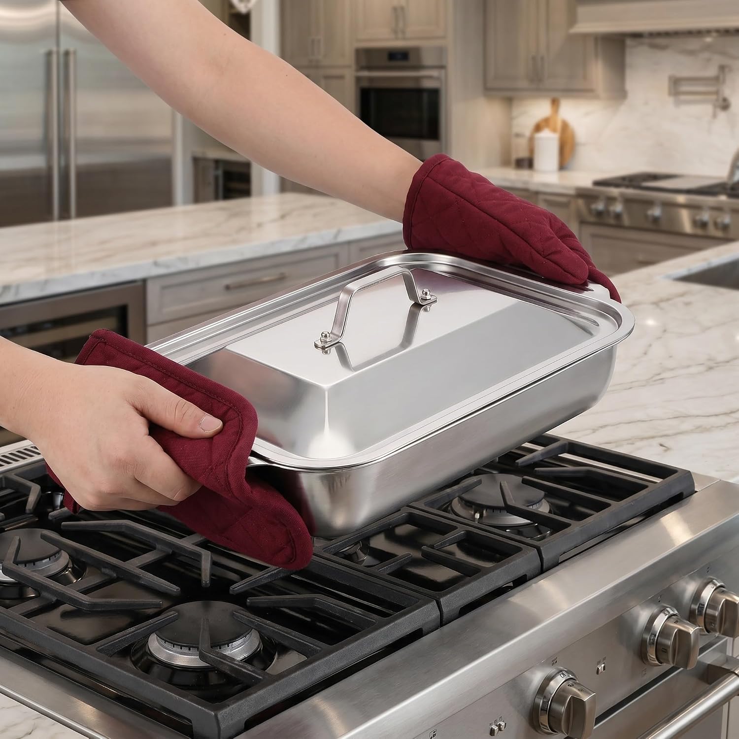 Uonlytech Stainless Steel Rectangular Roasting Pan with Deep Design for Fish and Meats, Sturdy Oven Tray Resistant to Wear and Tear, for Grilling and Family Gatherings
