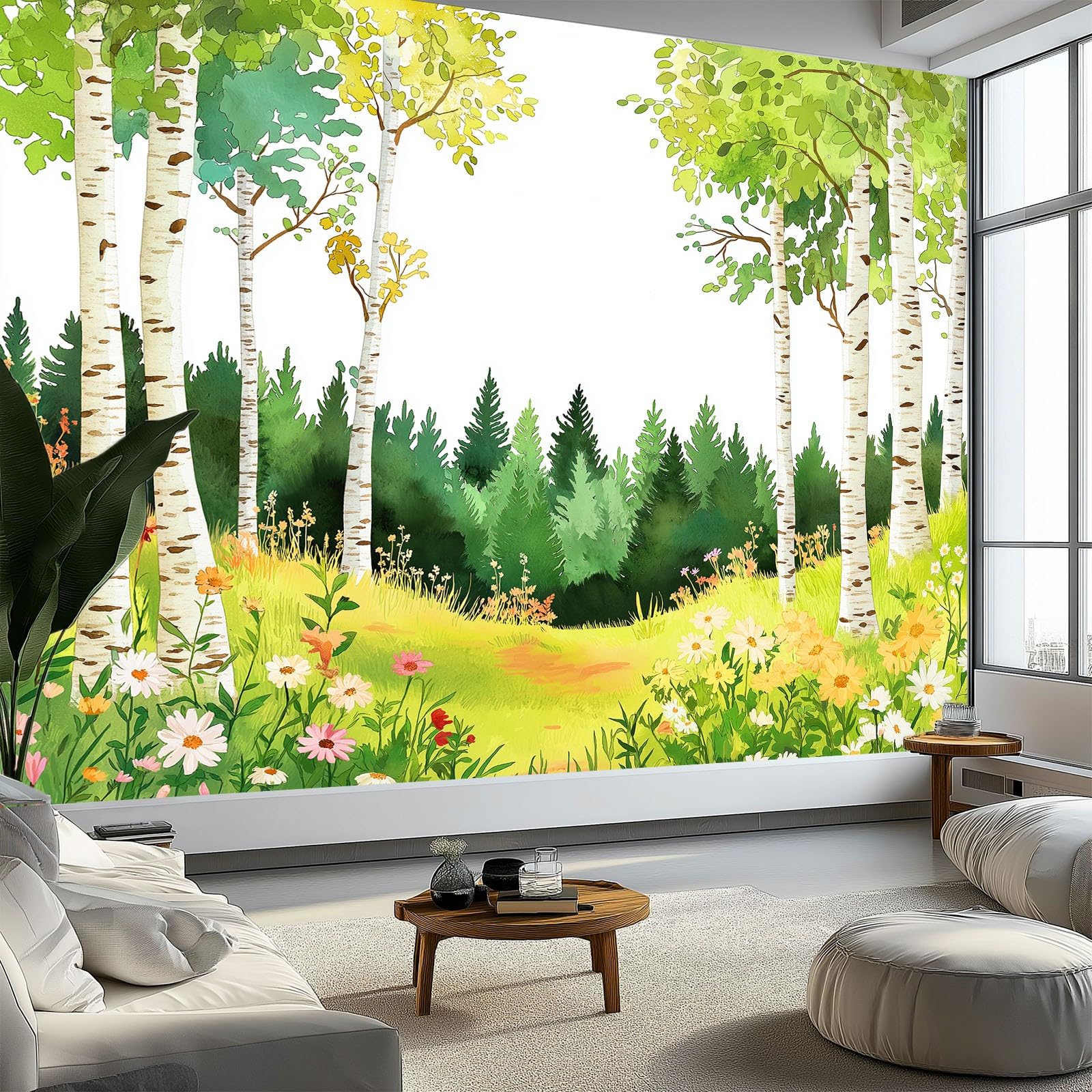 Panoramiczna tapeta Kreskówki Rośliny brzozy, zielone obrazy ścienne 350 x 256 cm (dł. x wys.) - Dekoracja domu do salonu i sypialni