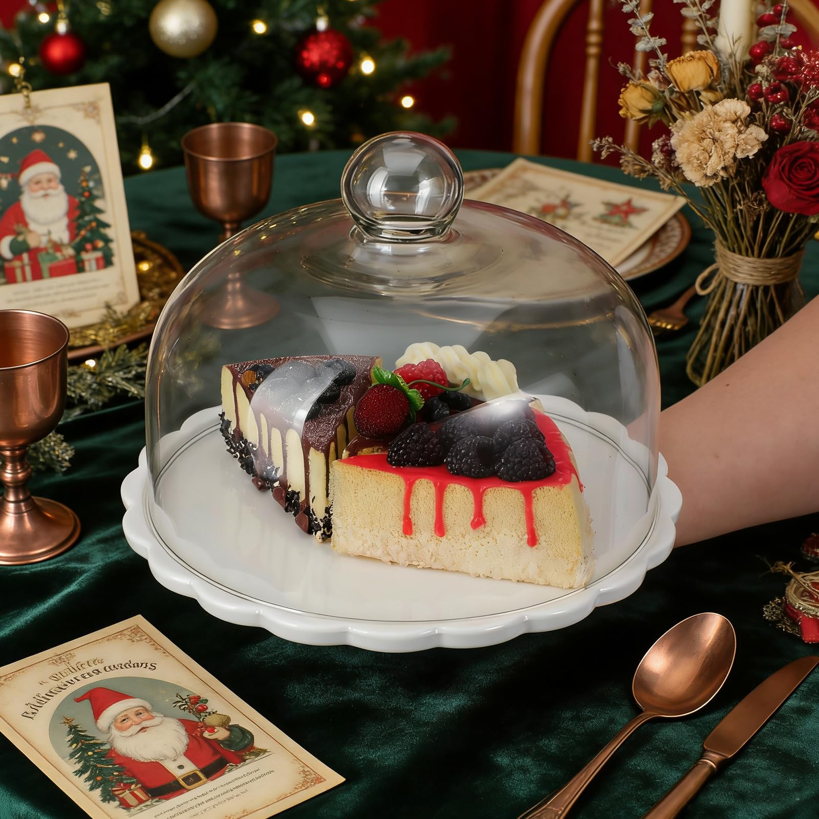 Cabilock Kuchenplatte mit Glasdeckel aus Weißem Glas für Snacks und Kuchen Lebensmittelstaubabdeckung Tragbar für Hotel und Weinverkostungen