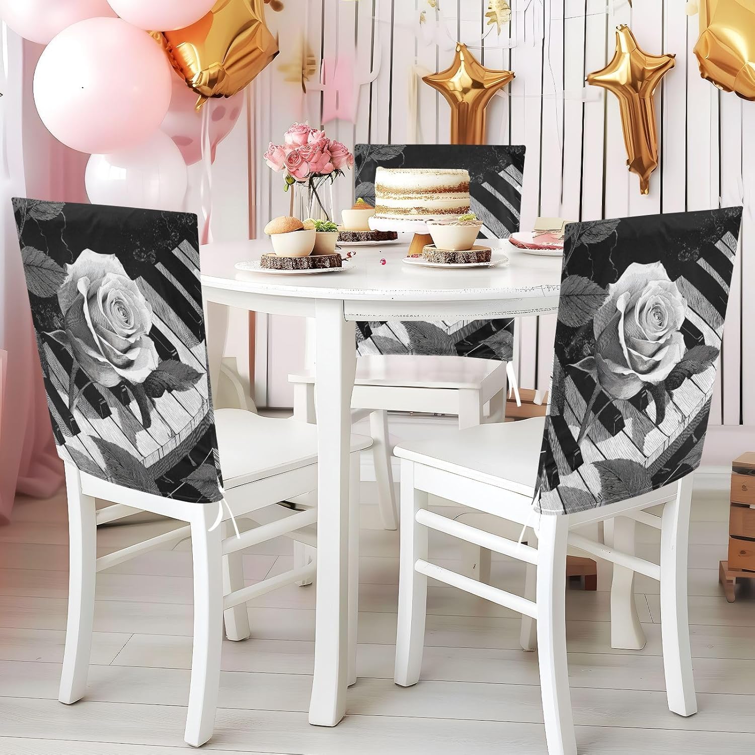ALAZA Music Piano Keys Roses Chair Back Cover Set of 6, Washable Reusable Removable Chair Slipcovers Decorative Chair Cover for Home Kitchen Wedding Party