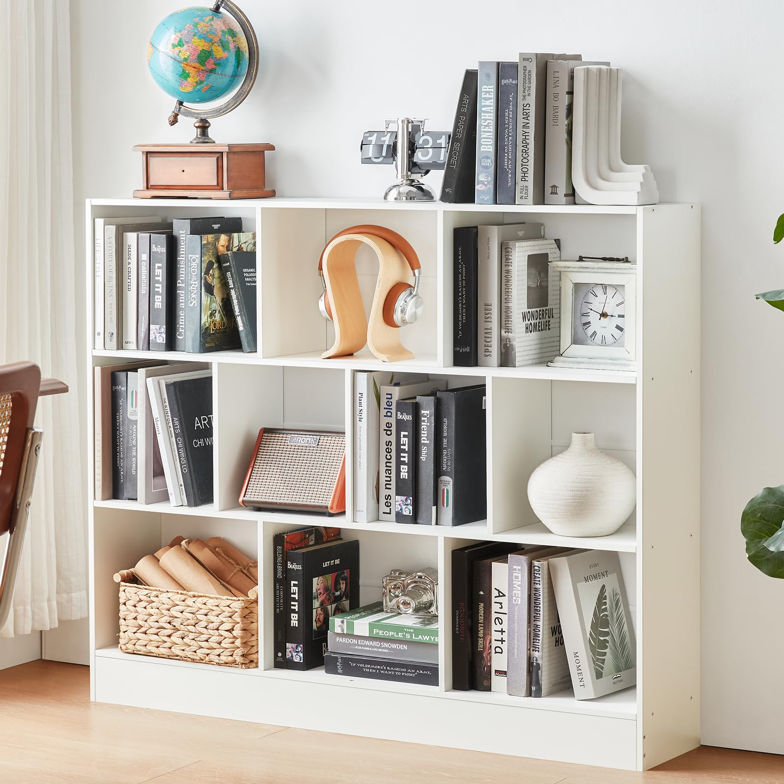 YAHARBO 3 Tier 10 Cube Long Horizontal Bookshelf, Under Window Shelf,White