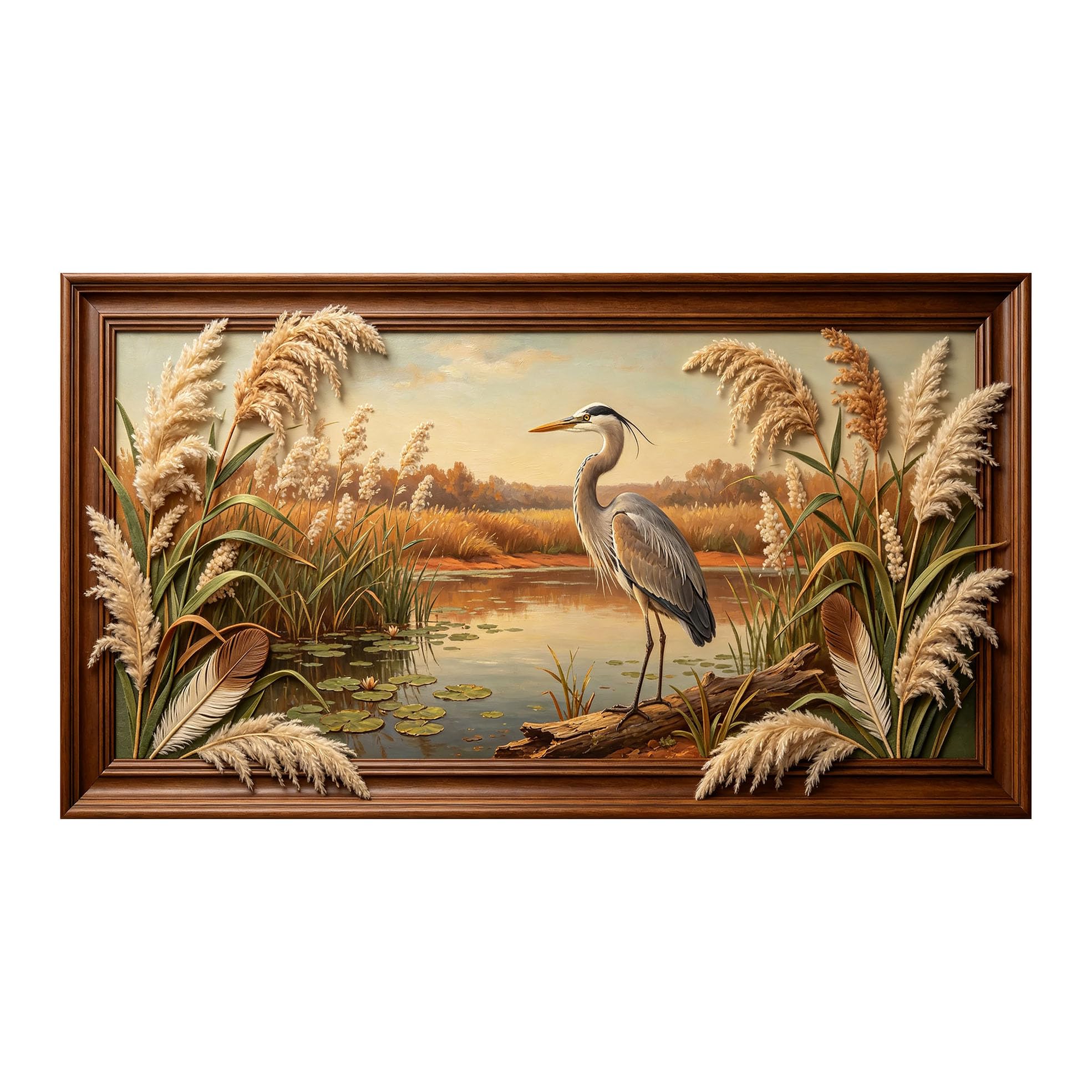 Yzpallescene 3D 3D Framed Wall Art 50cm×90cm Heron Wetland Landscape Oil Painting Large Size SelfAdhesive Removable Wall Decor Prints Artwork for Living Room Bedroom Office