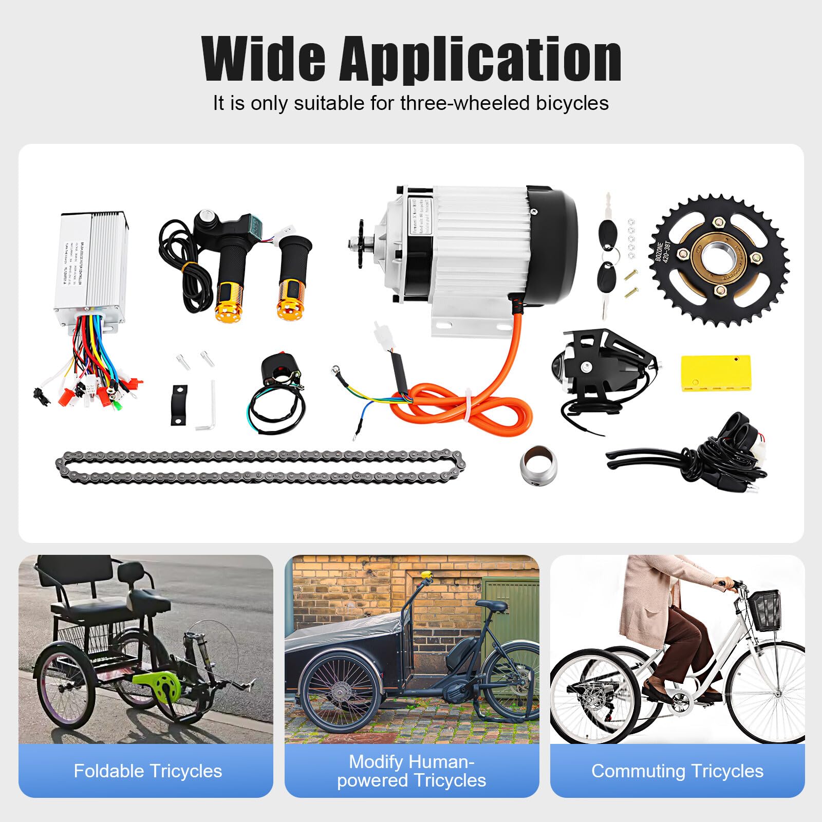 Kit de moteur électrique à courant continu sans balais 750 W 48 V avec projecteur LED 22 km/h pour tricycle