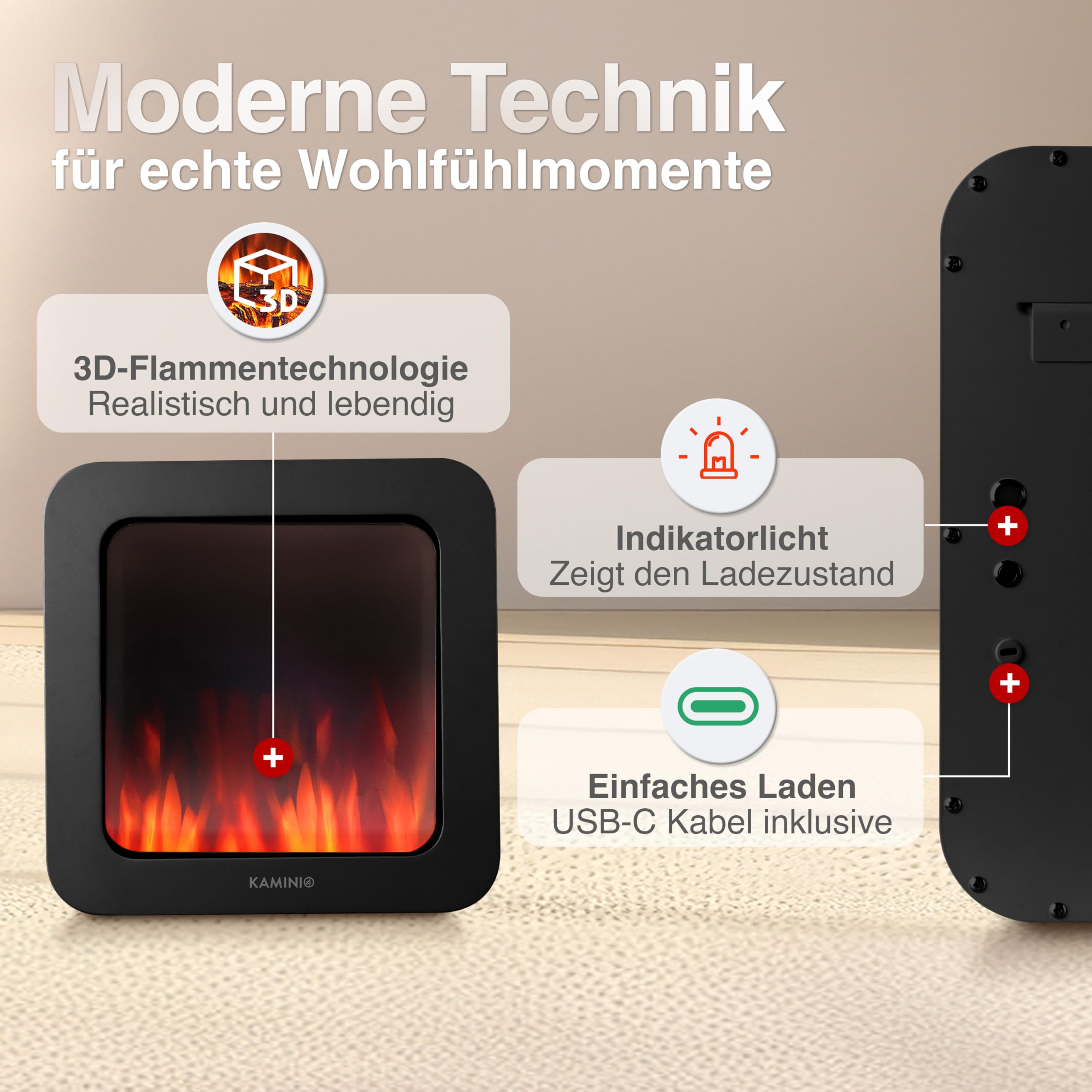 KAMINIO Elektrischer Tischkamin Mia XL - Dekoratives Elektro-Tischfeuer mit 3D-Flammeneffekt, ausdauerndem Akku für Portable Nutzung (Schwarz, 16"/40cm)