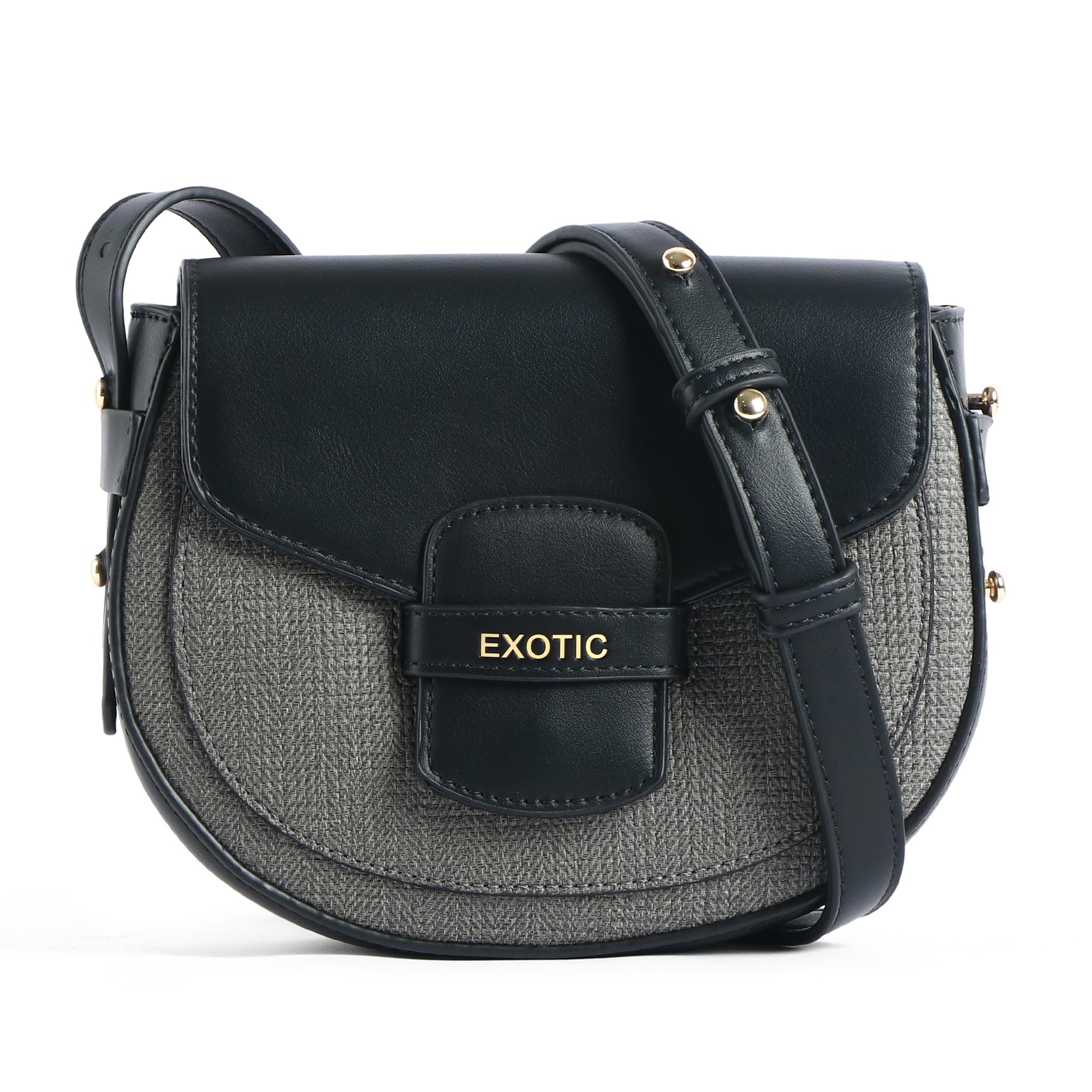 Elara Saddle Sling Bag for Women | Textured Fabric & Vegan Leather | Twist Clasp Lock Closure | Adjustable Crossbody Strap | Compact Everyday Shoulder Bag-image-42