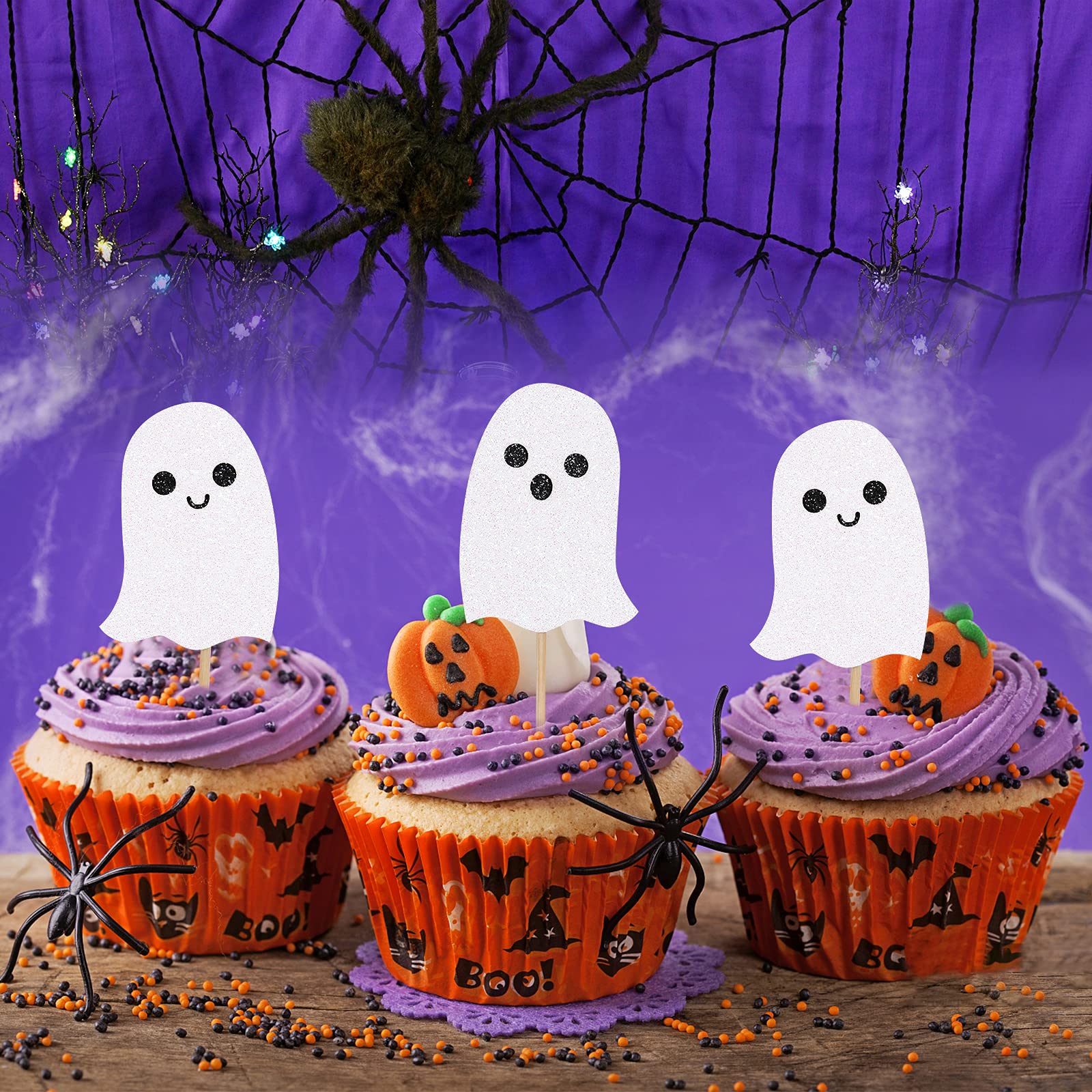 24 Stück Halloween Cupcake Topper – Glitzer Geister „Happy Boo Day“ Für Babyparty, Geburtstag & Halloween-Deko