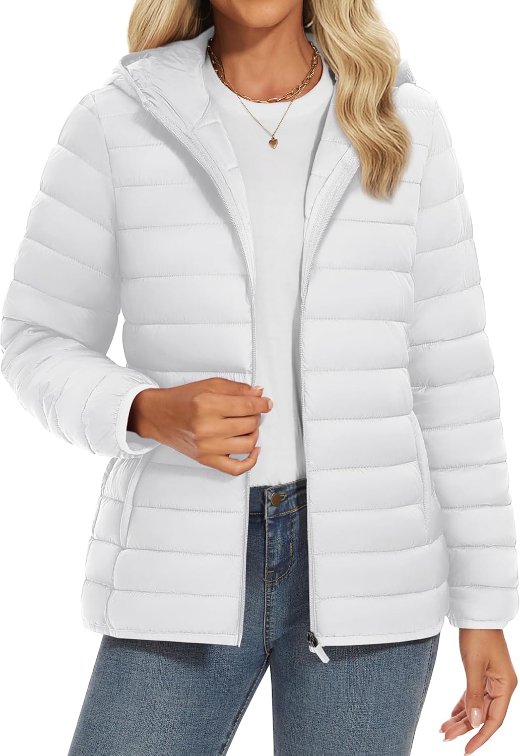 YUCOLEN Women's Puffer Jacket with Hood Lightweight Quilted Padded 4 Pockets Zip-up Coat Winter Jackets for Women