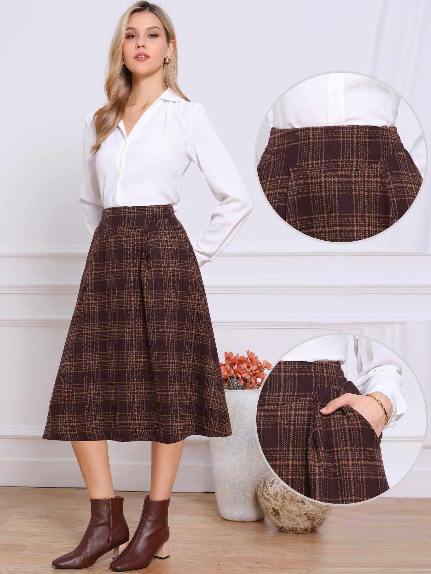 Allegra K Femme Jupe Plissée Tartan Taille Haute Trapèze Midi | Motif Tartan Taille Haute Dos Élastique Fermeture à Glissière Invisible Longueur Genou Coupe Trapèze Poches